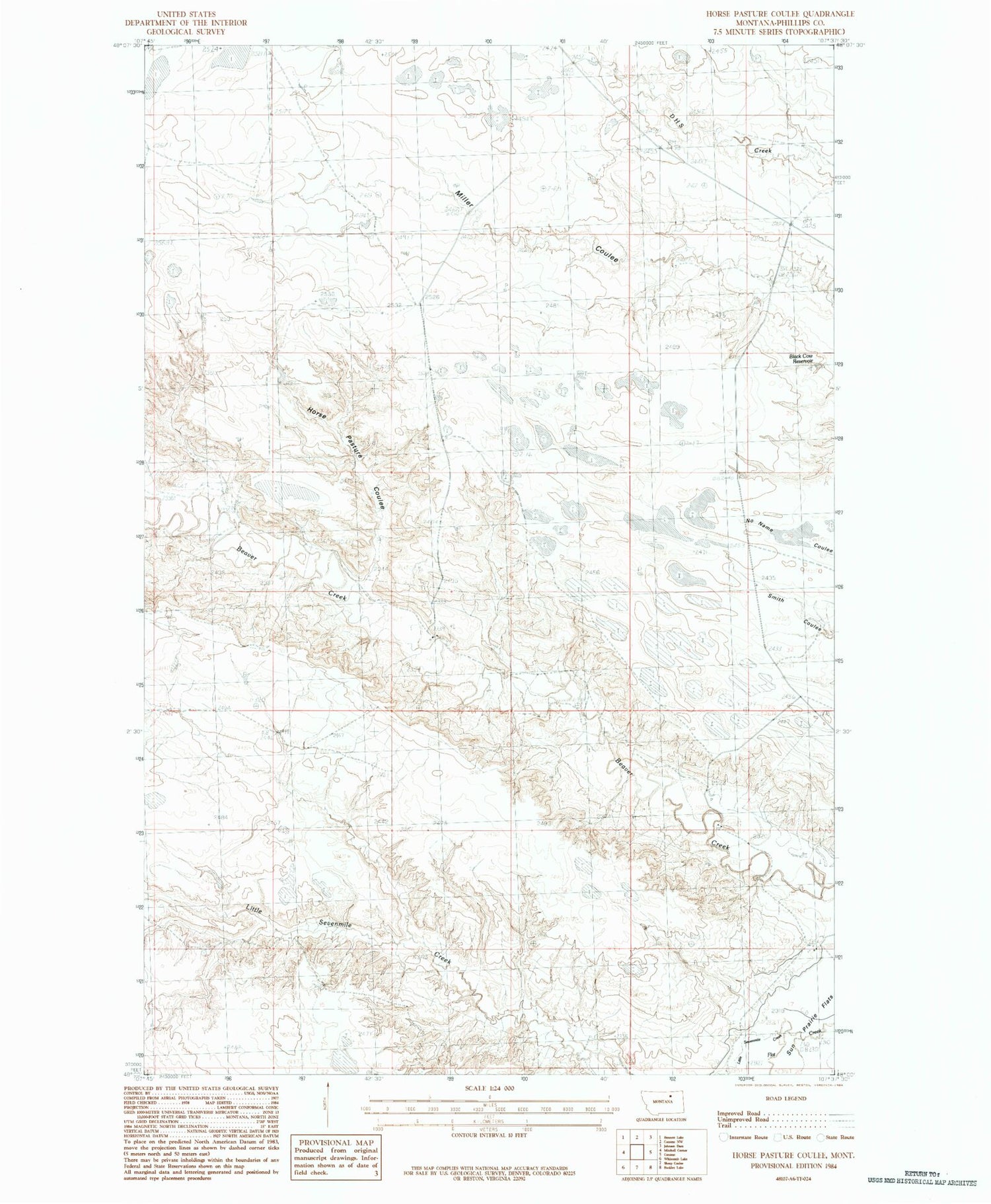 Classic USGS Horse Pasture Coulee Montana 7.5'x7.5' Topo Map Image