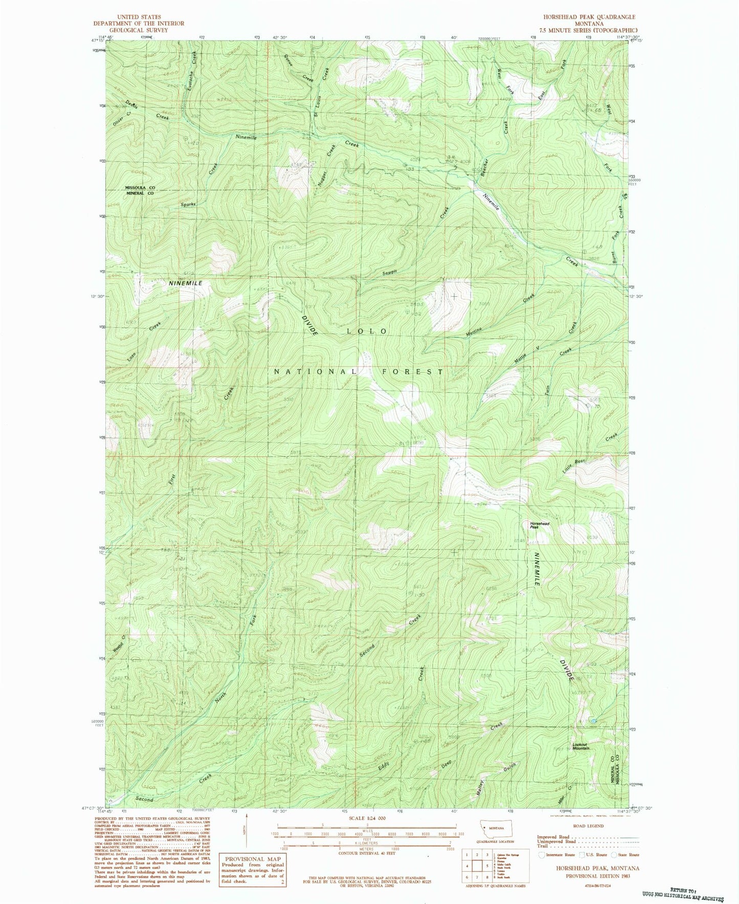 Classic USGS Horsehead Peak Montana 7.5'x7.5' Topo Map Image