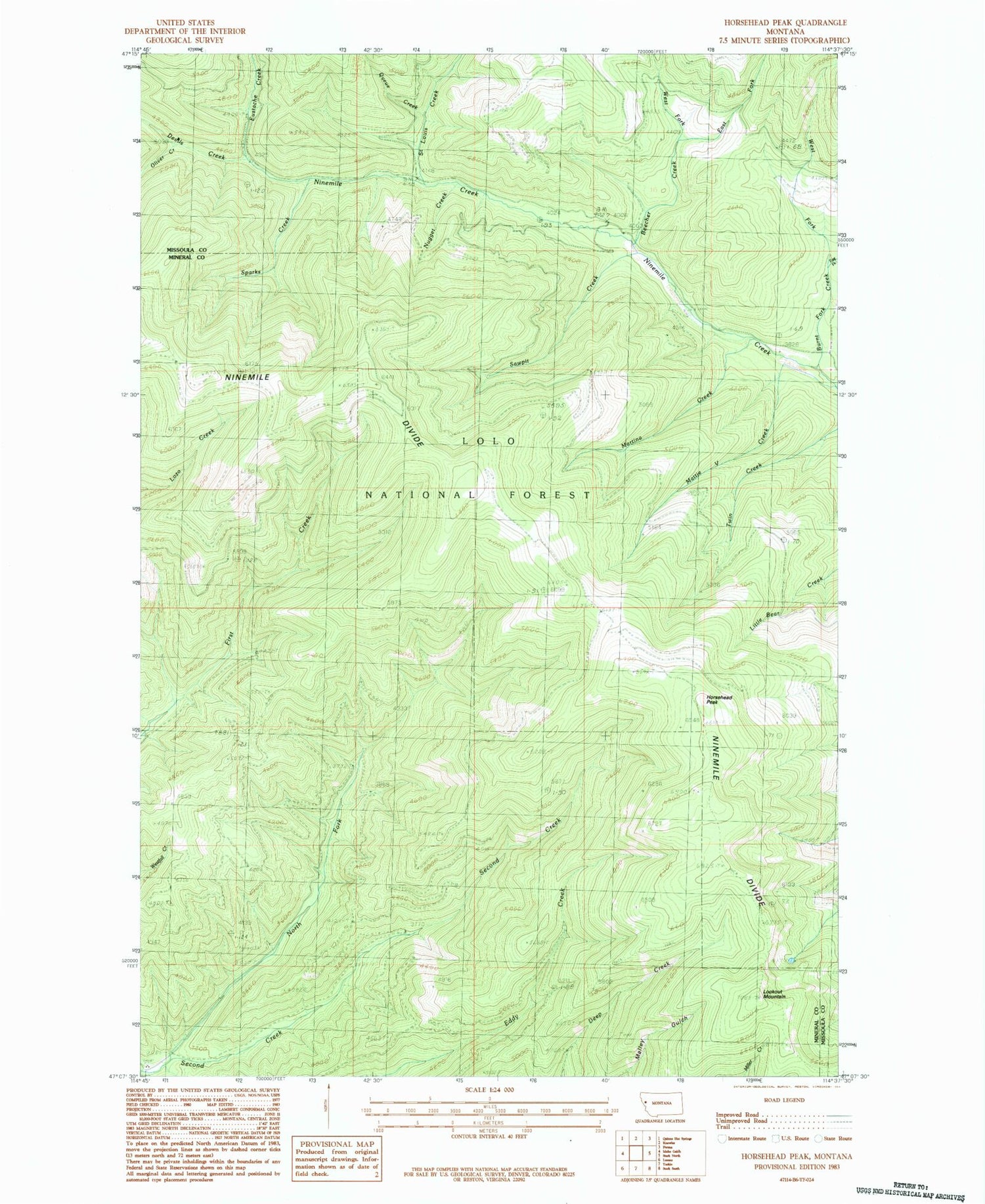 Classic USGS Horsehead Peak Montana 7.5'x7.5' Topo Map Image