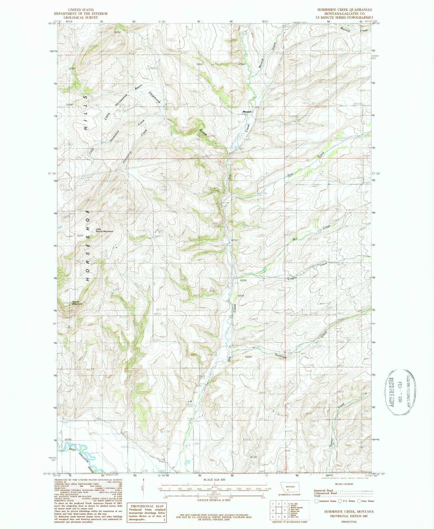 Classic USGS Horseshoe Creek Montana 7.5'x7.5' Topo Map Image