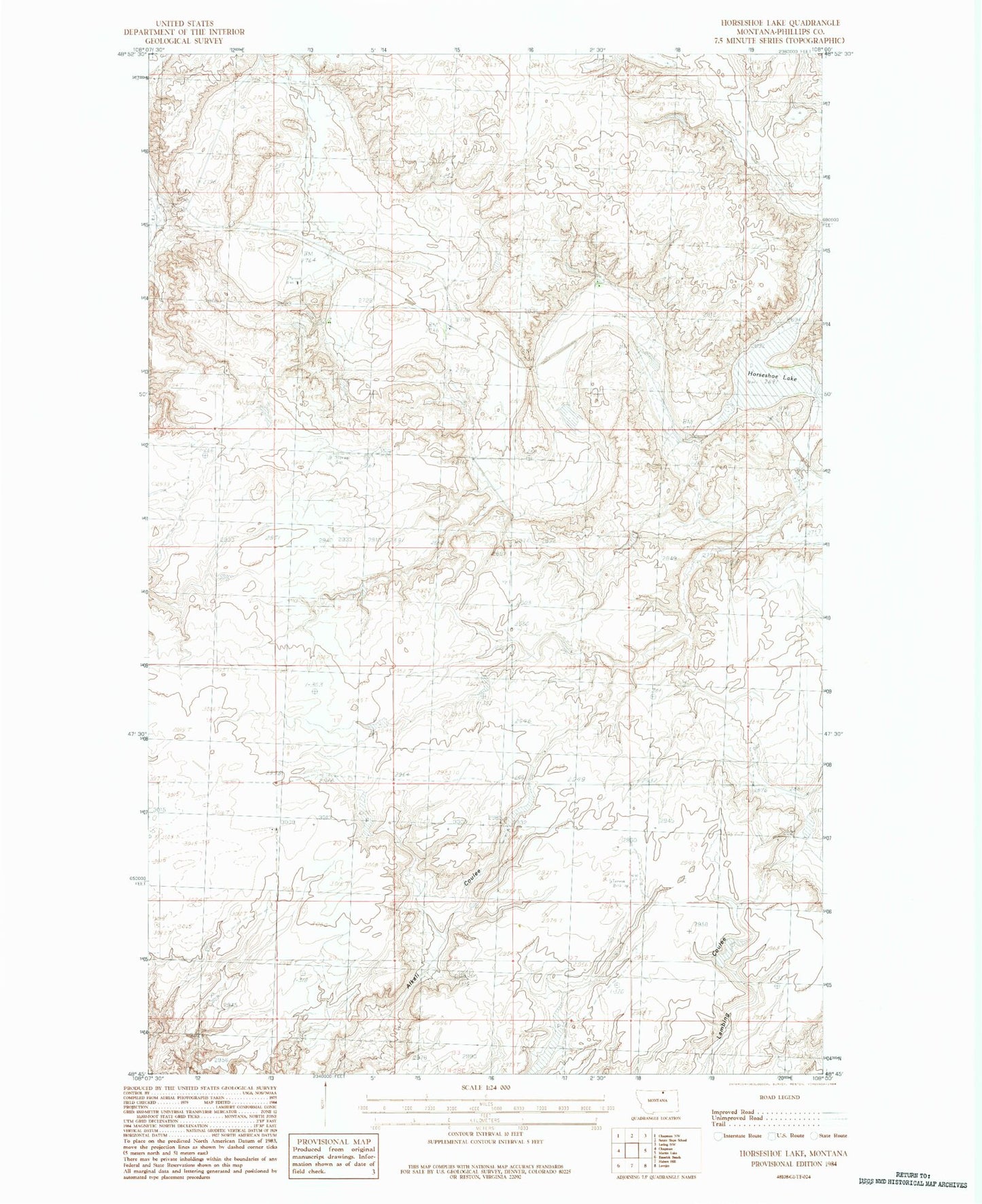 Classic USGS Horseshoe Lake Montana 7.5'x7.5' Topo Map Image