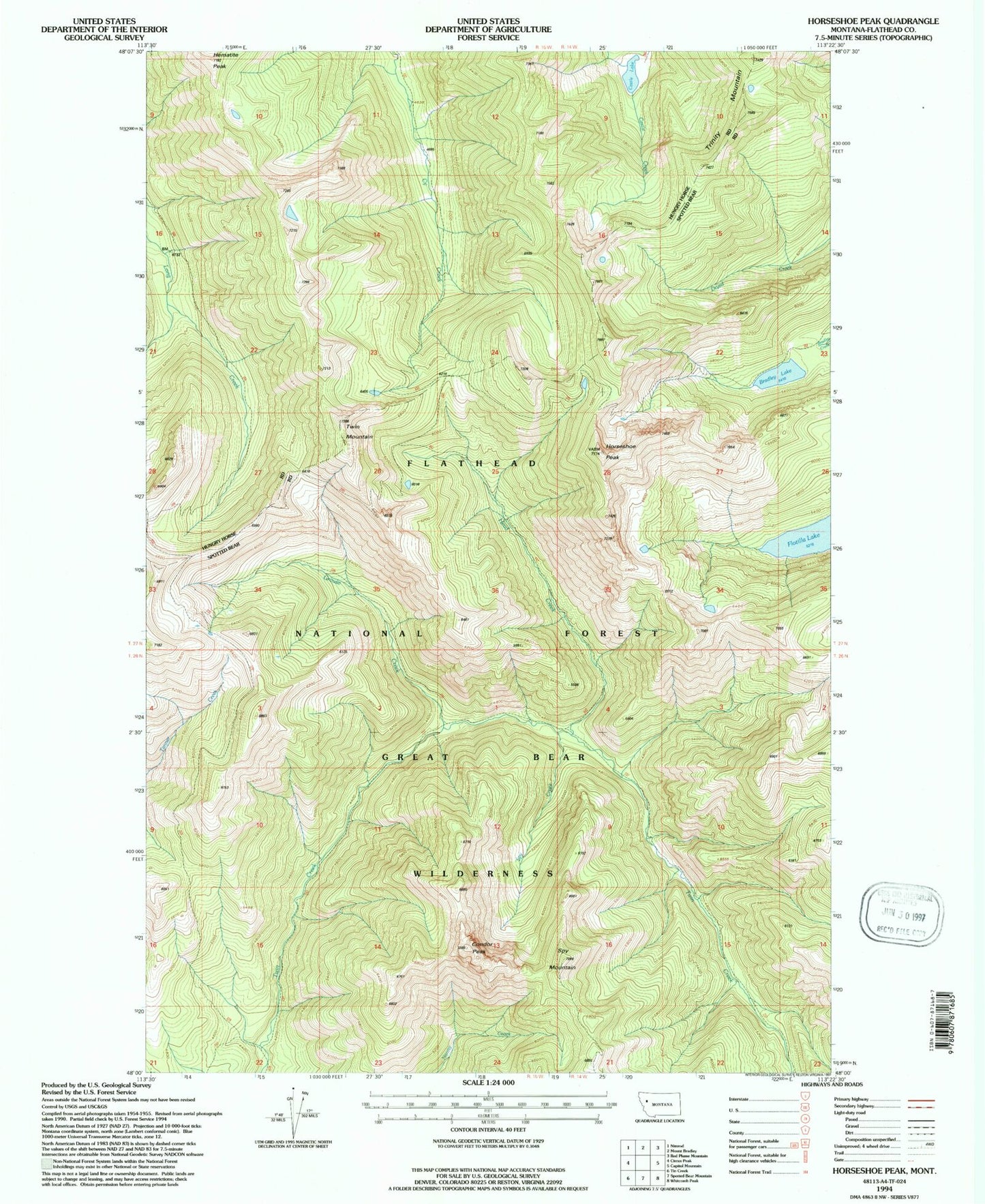 Classic USGS Horseshoe Peak Montana 7.5'x7.5' Topo Map Image