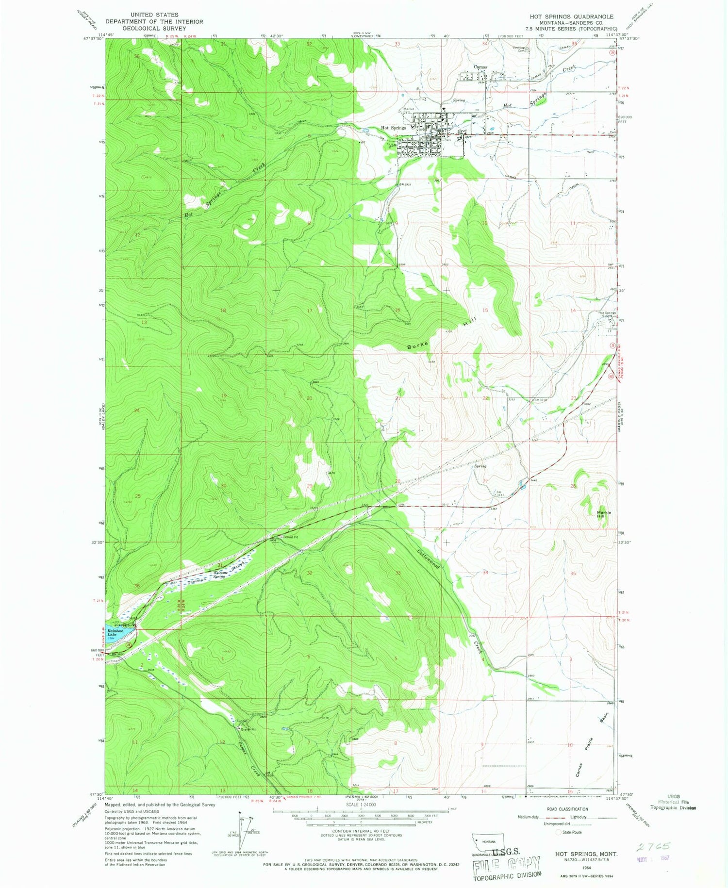Classic USGS Hot Springs Montana 7.5'x7.5' Topo Map Image