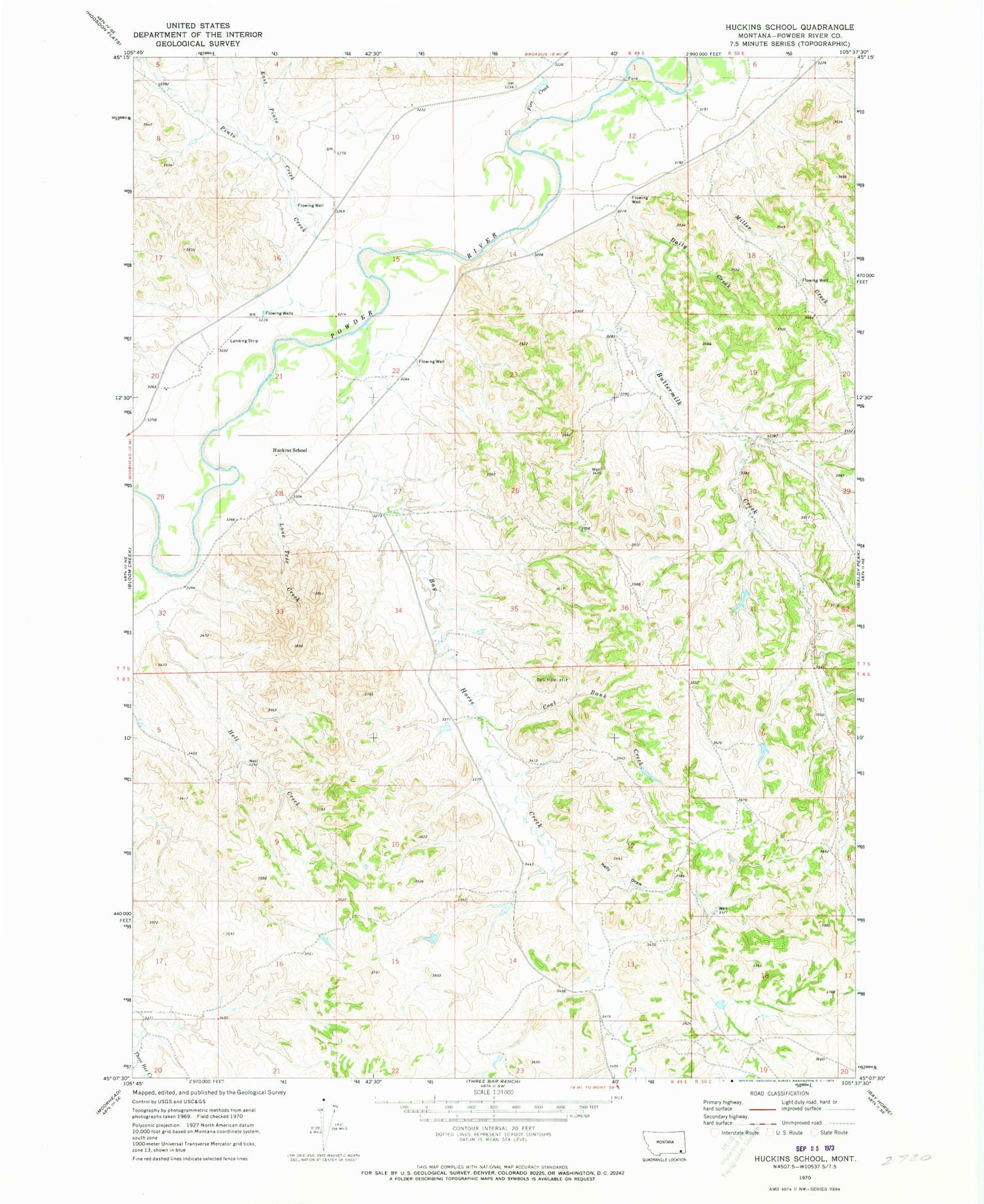 Classic USGS Huckins School Montana 7.5'x7.5' Topo Map Image