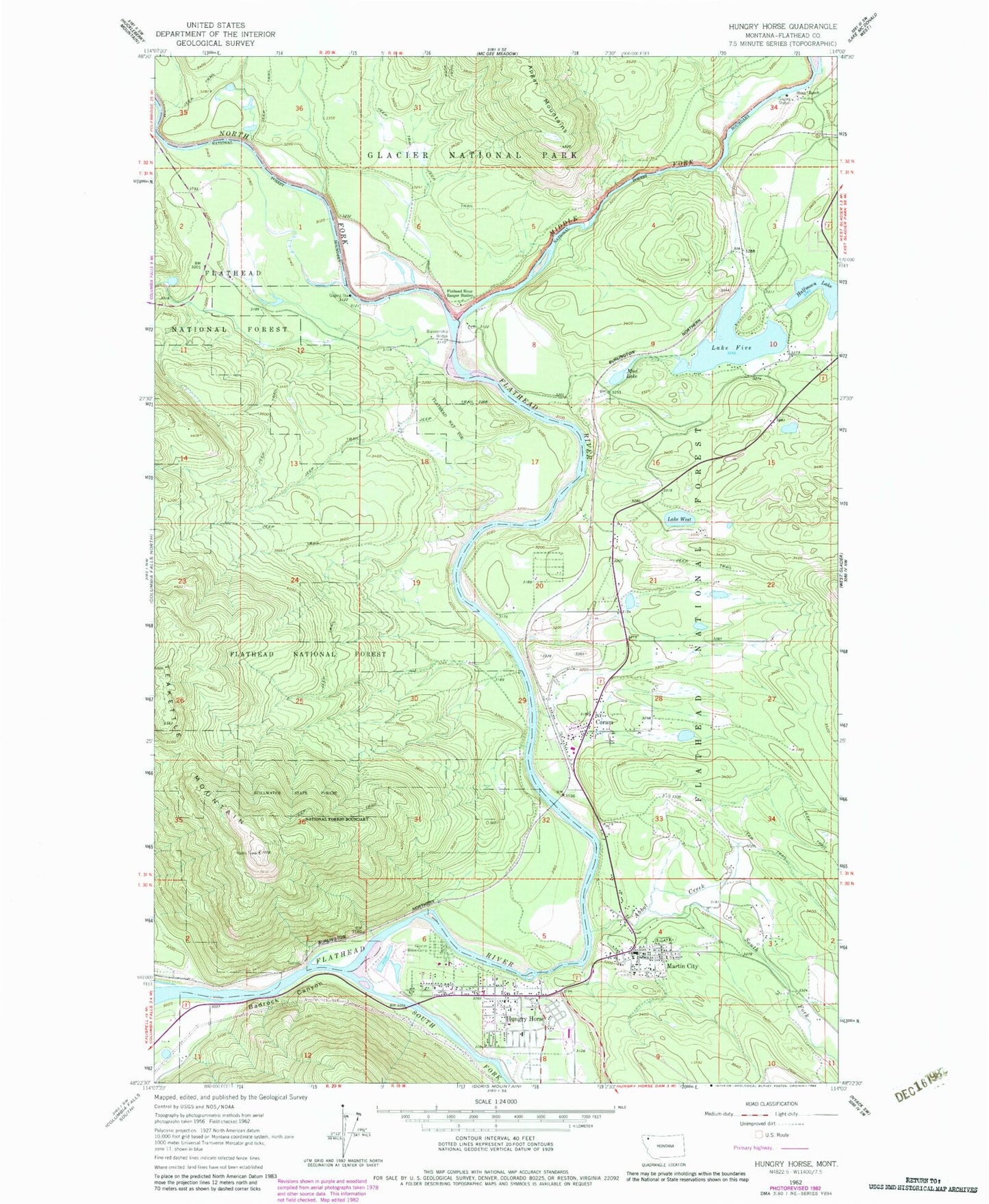 Classic USGS Hungry Horse Montana 7.5'x7.5' Topo Map Image