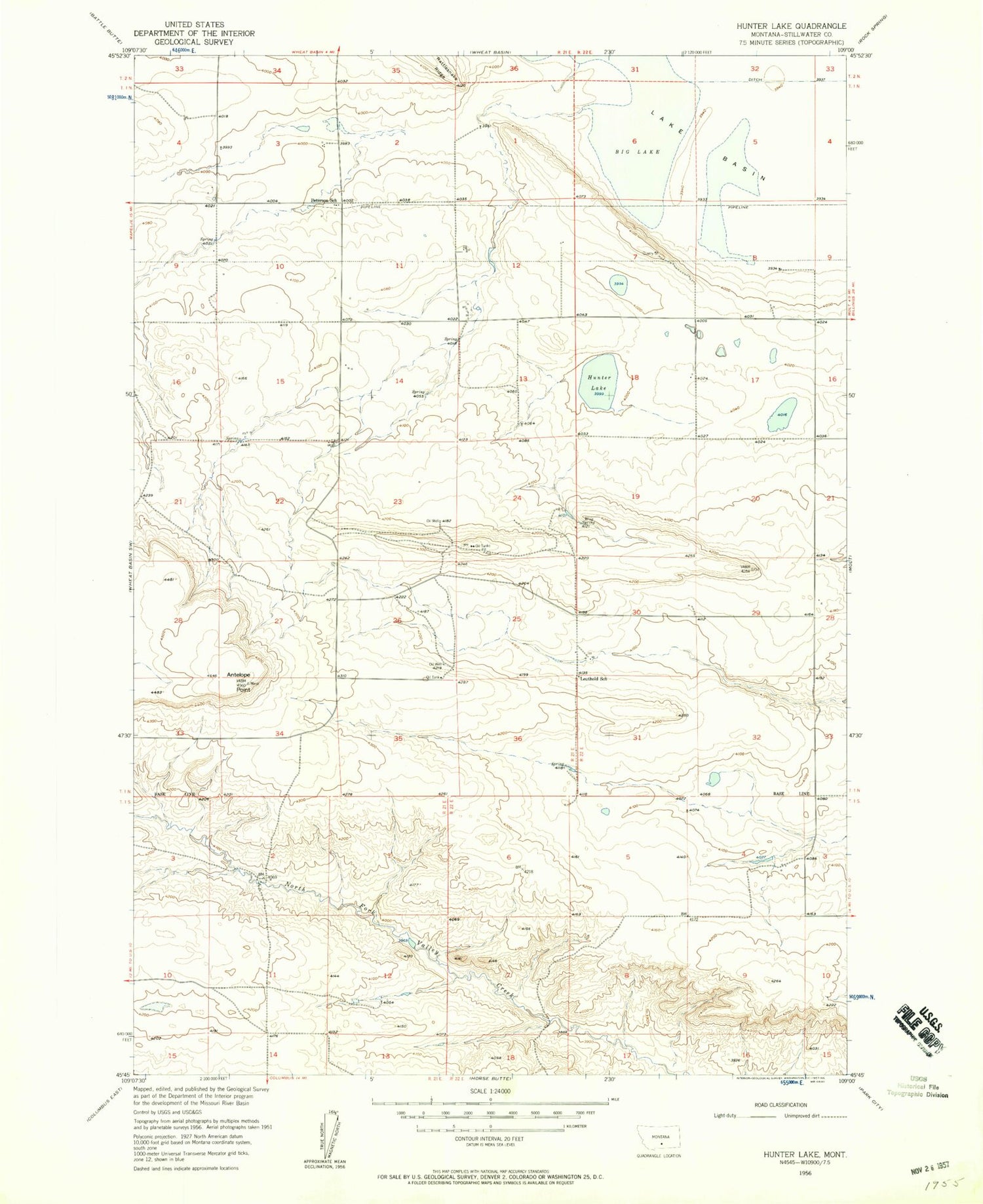 Classic USGS Hunter Lake Montana 7.5'x7.5' Topo Map Image