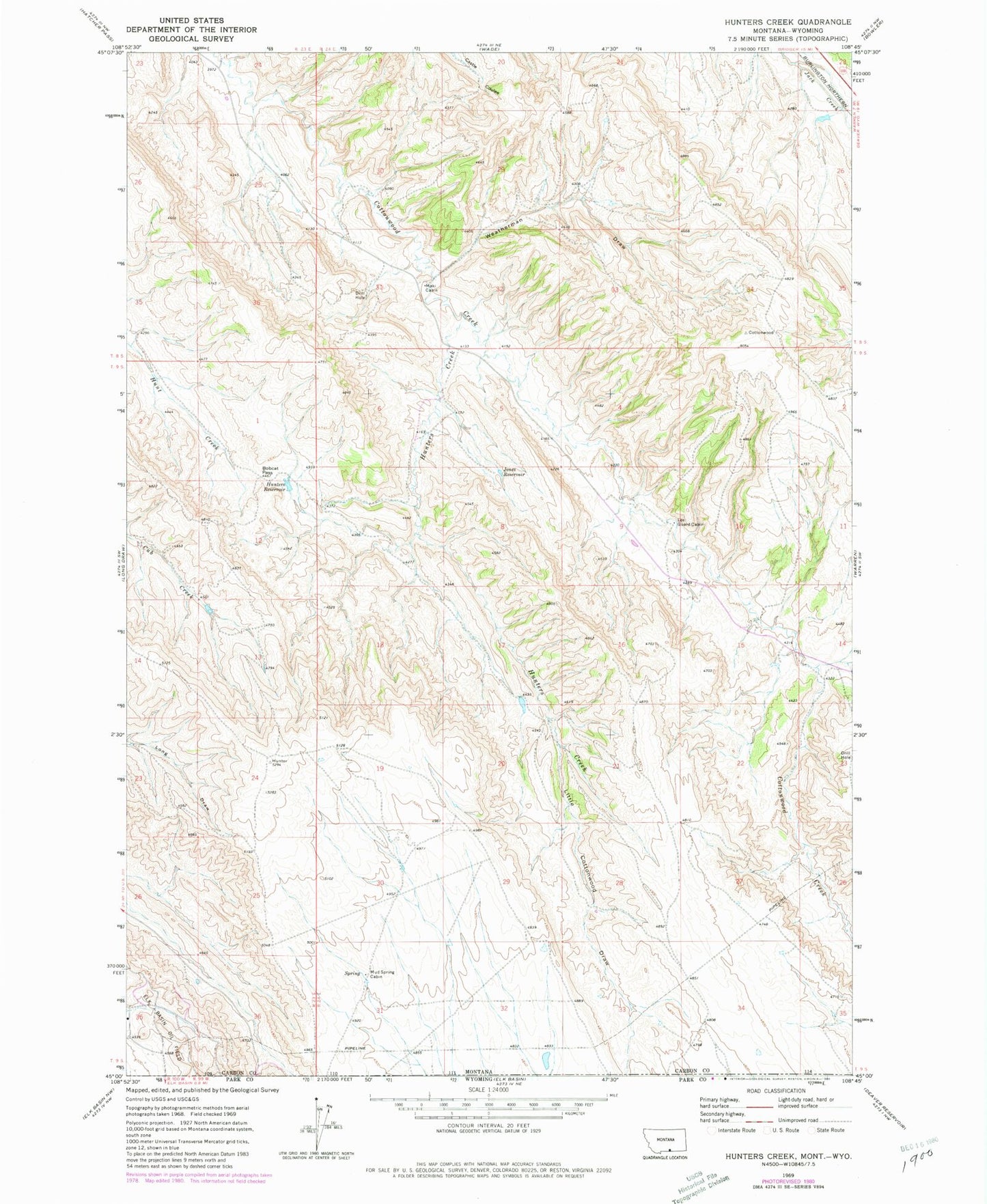 Classic USGS Hunters Creek Montana 7.5'x7.5' Topo Map Image