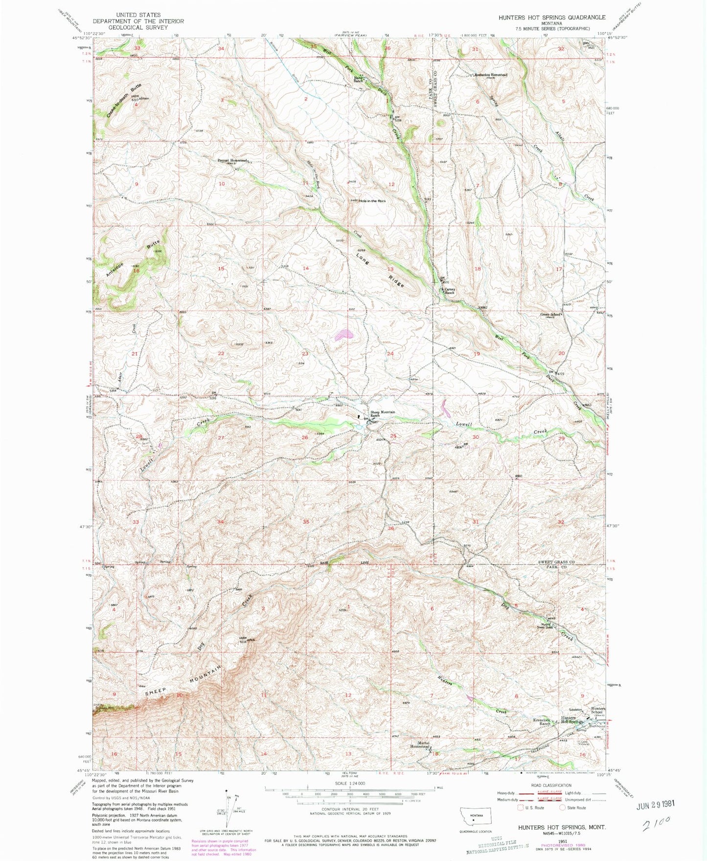 Classic USGS Hunters Hot Springs Montana 7.5'x7.5' Topo Map Image