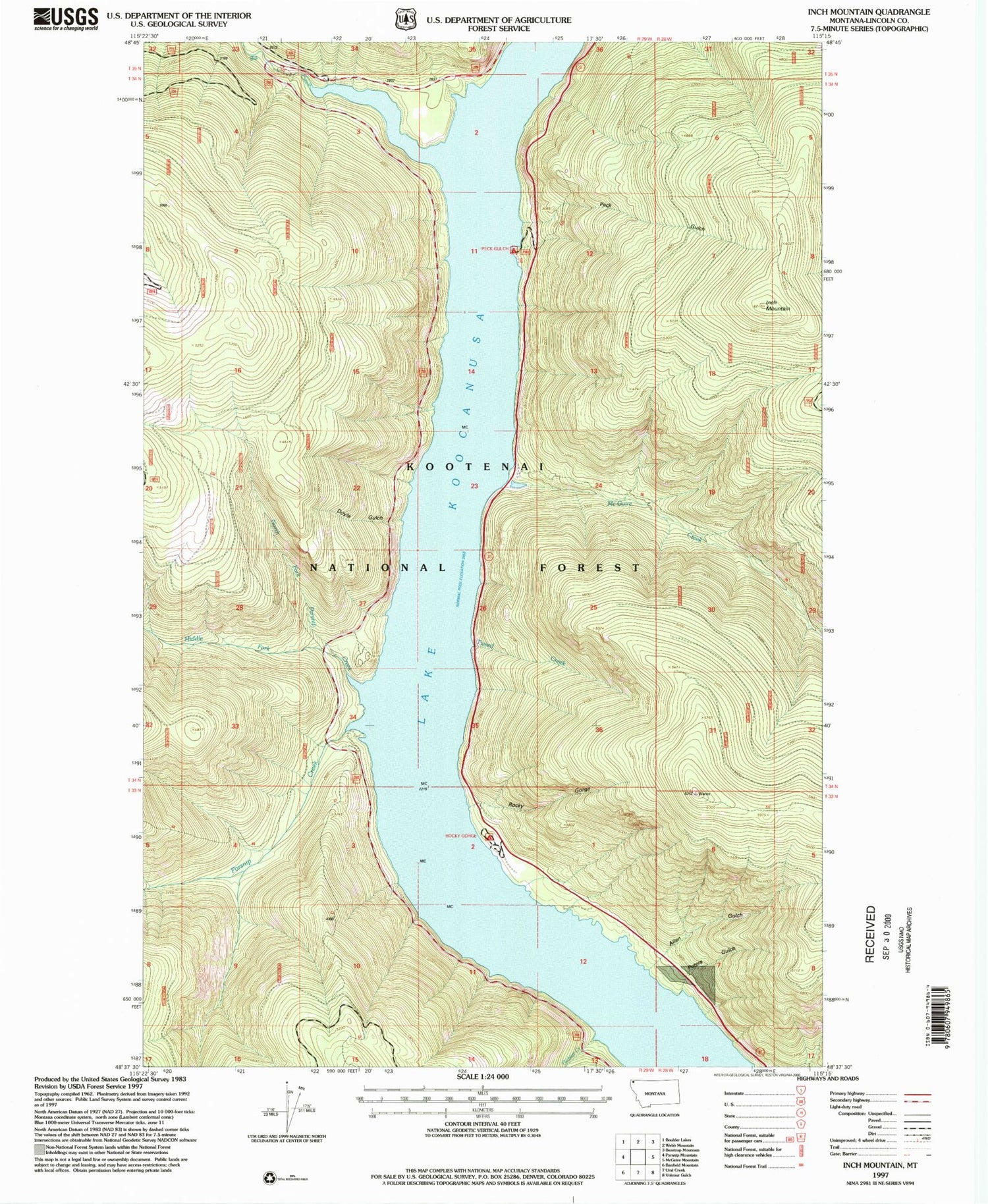Classic USGS Inch Mountain Montana 7.5'x7.5' Topo Map Image