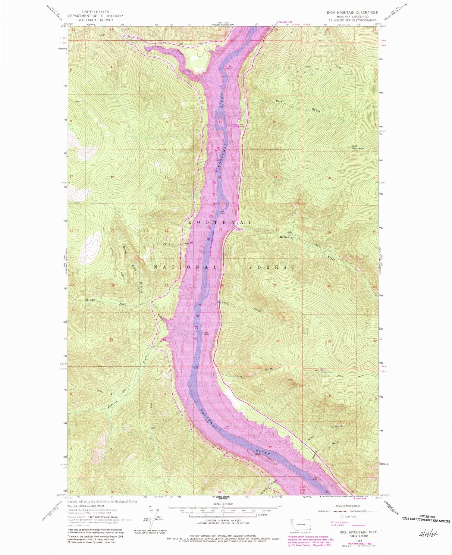 Classic USGS Inch Mountain Montana 7.5'x7.5' Topo Map Image