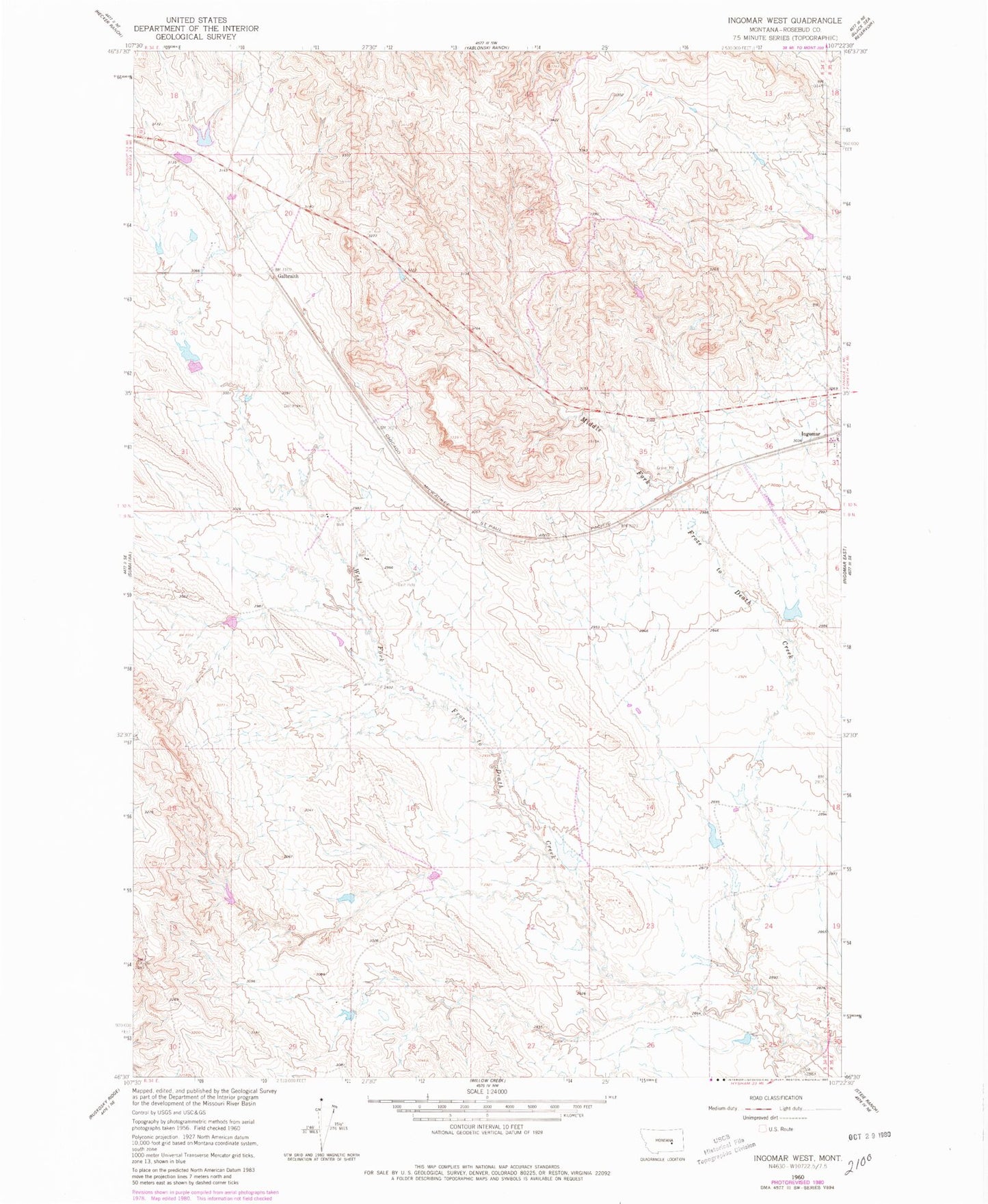 Classic USGS Ingomar West Montana 7.5'x7.5' Topo Map Image