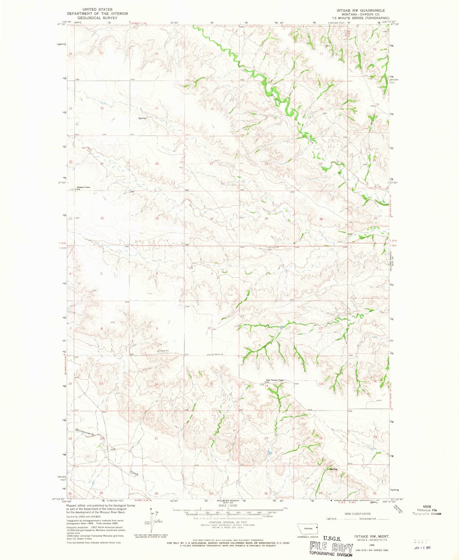 Classic USGS Intake NW Montana 7.5'x7.5' Topo Map Image