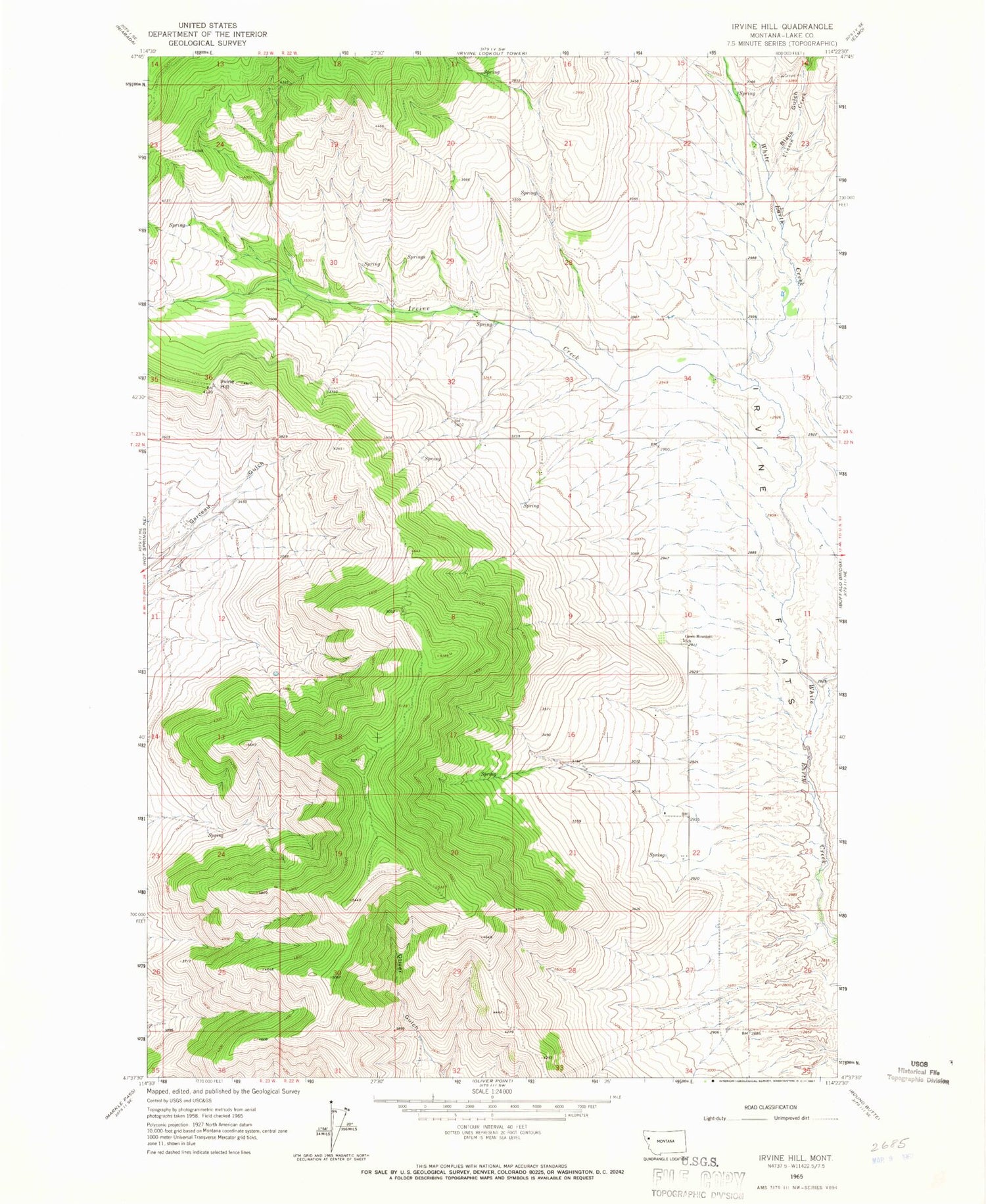 Classic USGS Irvine Hill Montana 7.5'x7.5' Topo Map Image