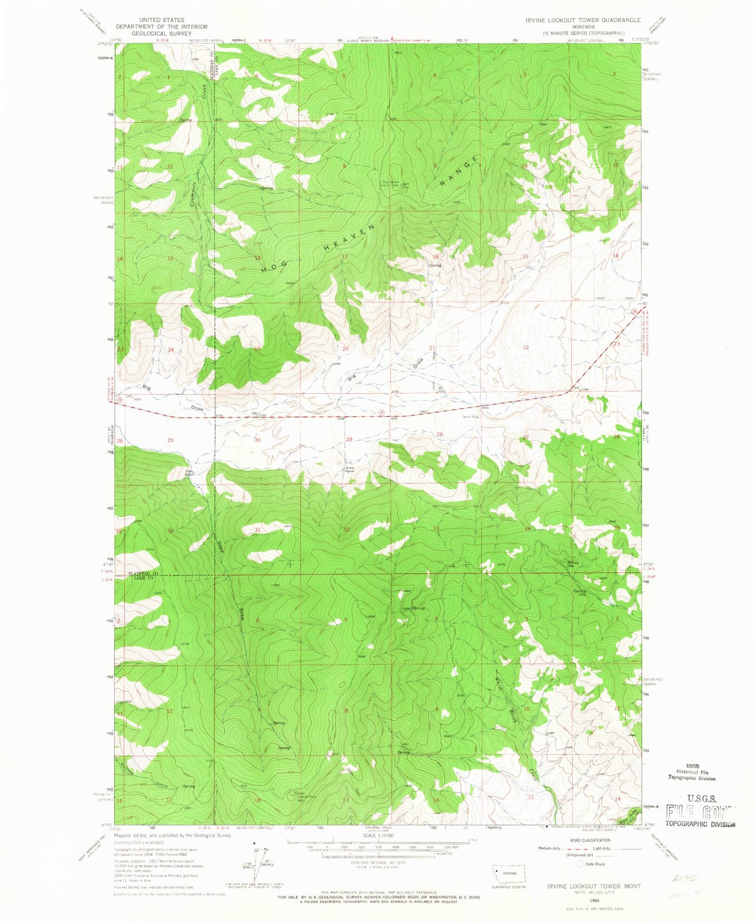 Classic USGS Irvine Lookout Tower Montana 7.5'x7.5' Topo Map Image