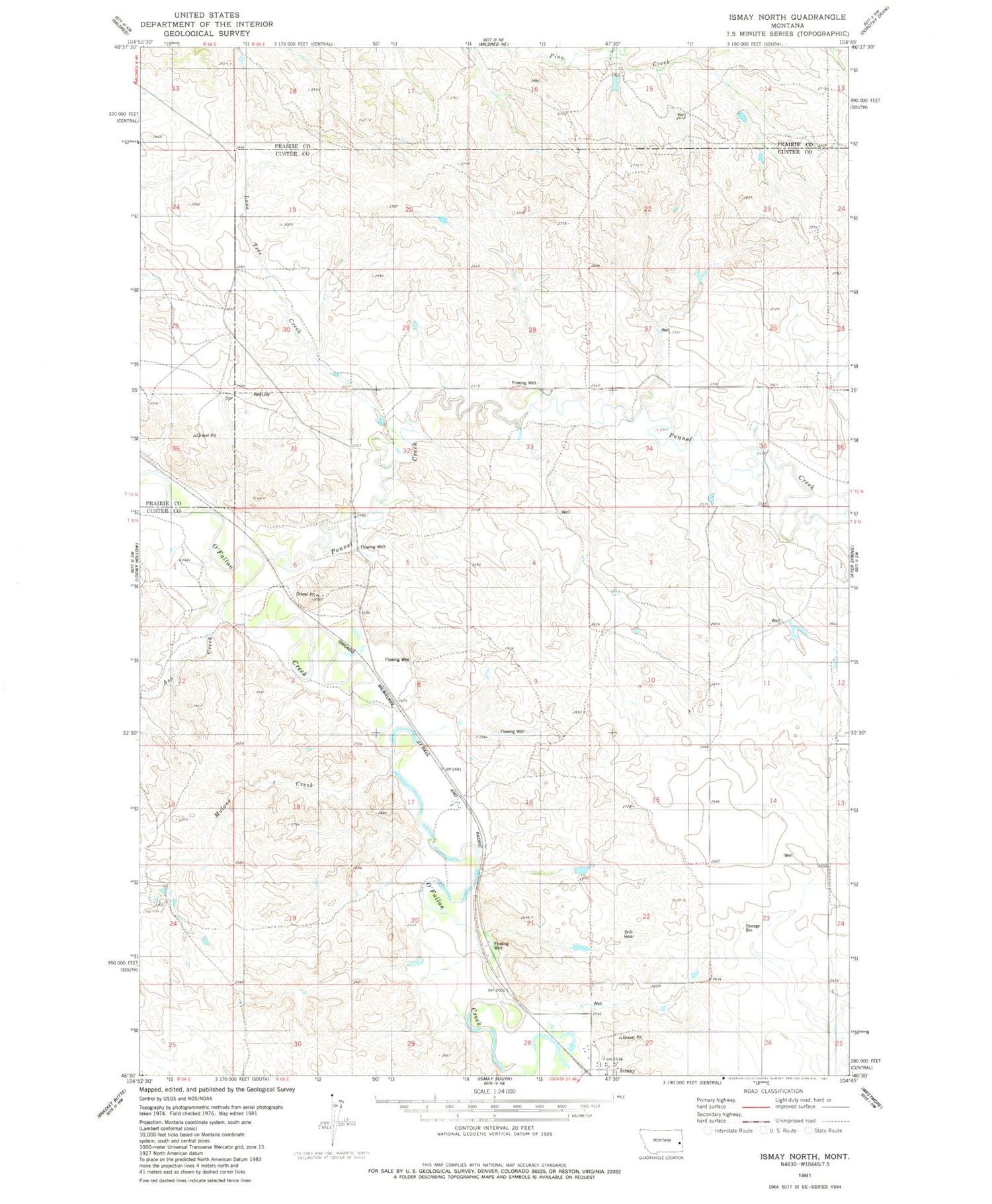Classic USGS Ismay North Montana 7.5'x7.5' Topo Map Image