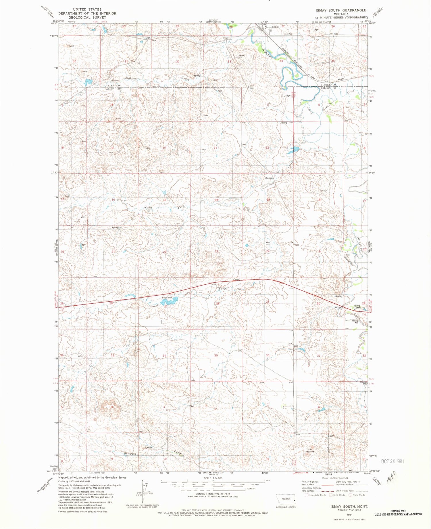 Classic USGS Ismay South Montana 7.5'x7.5' Topo Map Image