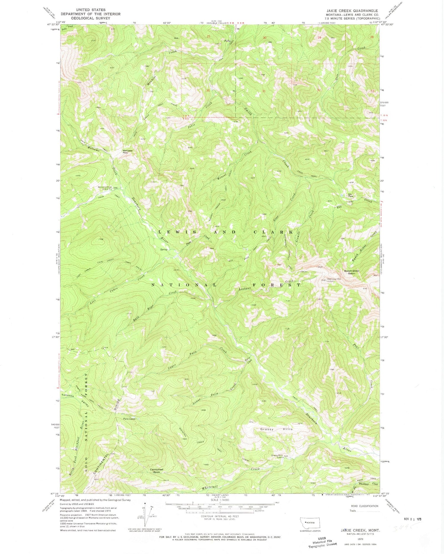 Classic USGS Jakie Creek Montana 7.5'x7.5' Topo Map Image