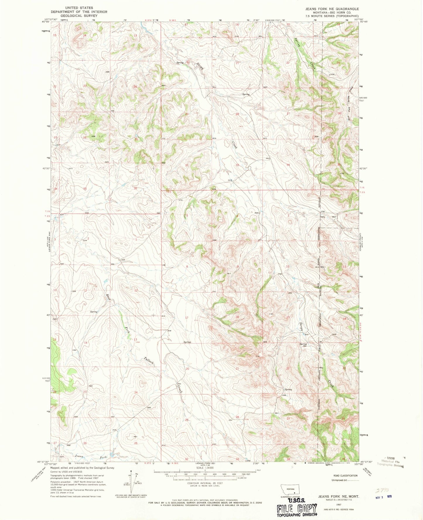 Classic USGS Jeans Fork NE Montana 7.5'x7.5' Topo Map Image