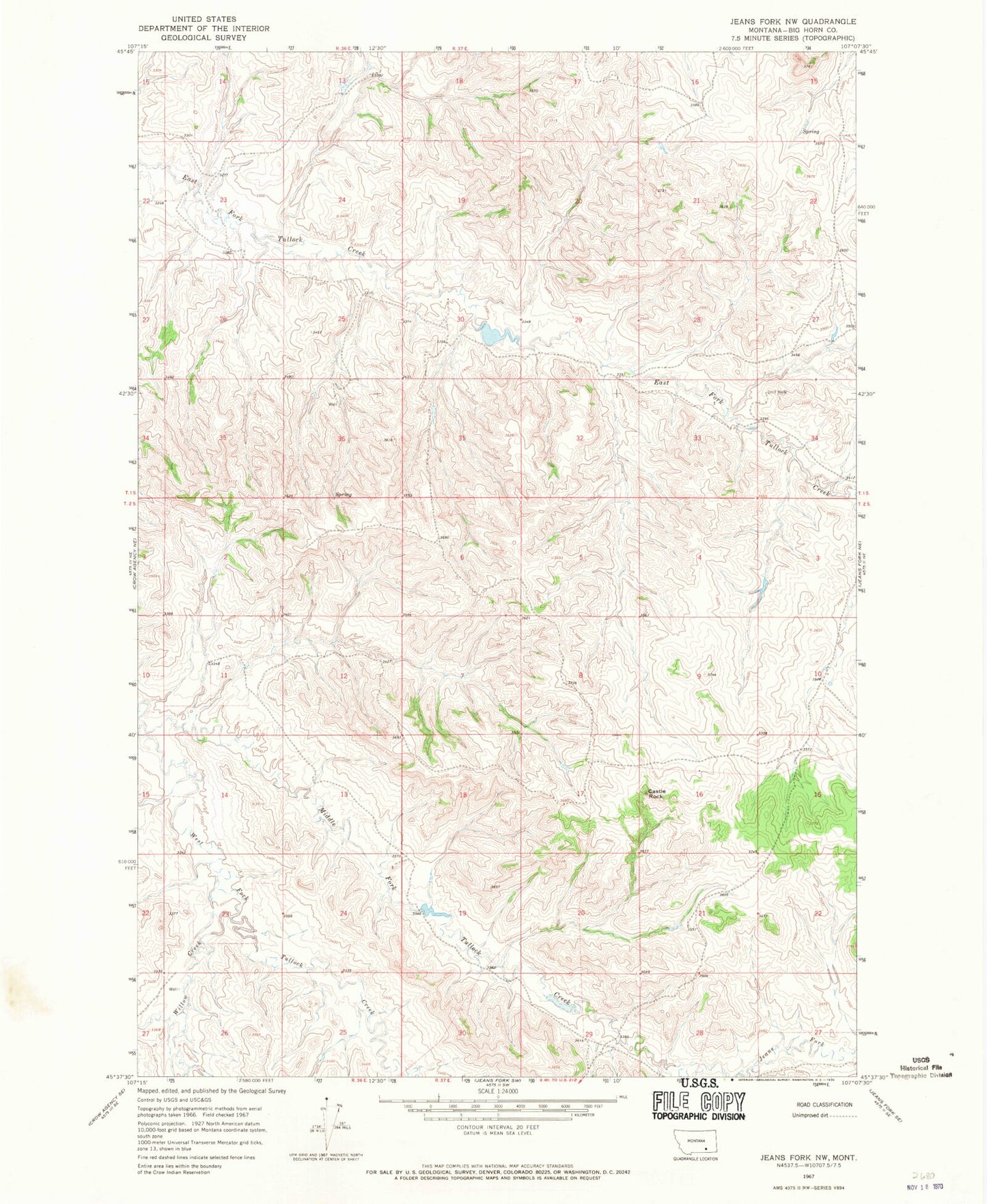 Classic USGS Jeans Fork NW Montana 7.5'x7.5' Topo Map Image