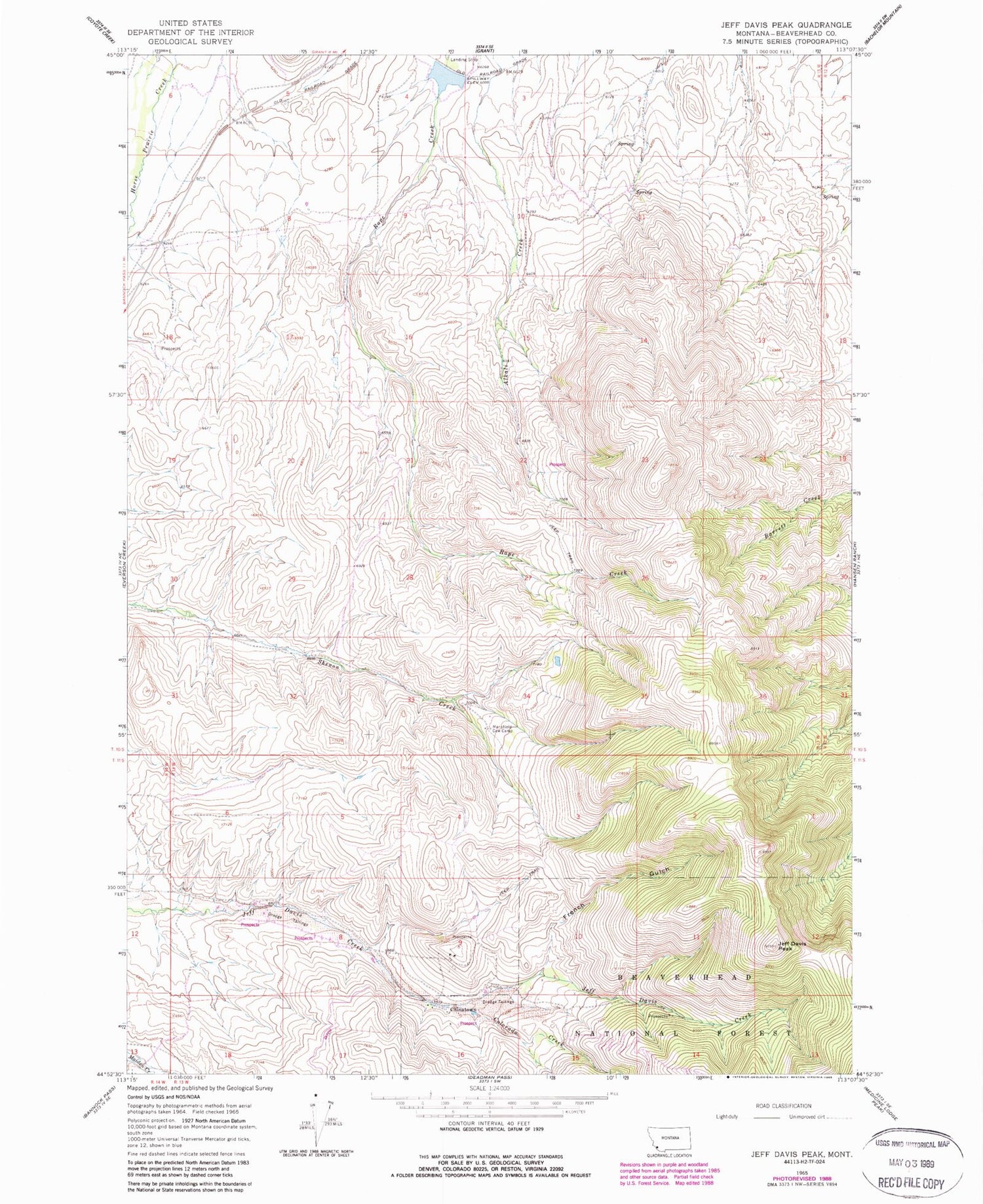 Classic USGS Jeff Davis Peak Montana 7.5'x7.5' Topo Map Image
