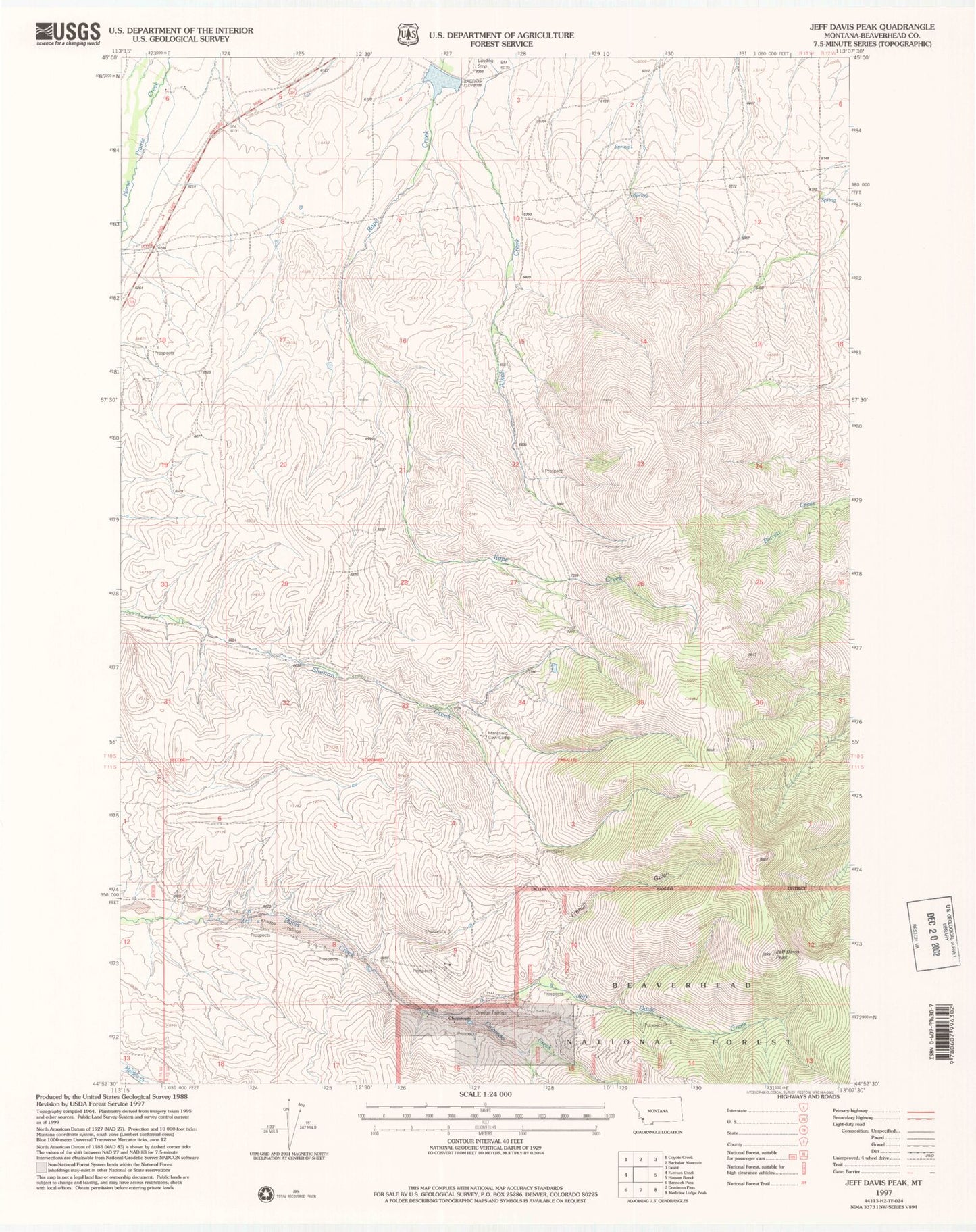 Classic USGS Jeff Davis Peak Montana 7.5'x7.5' Topo Map Image