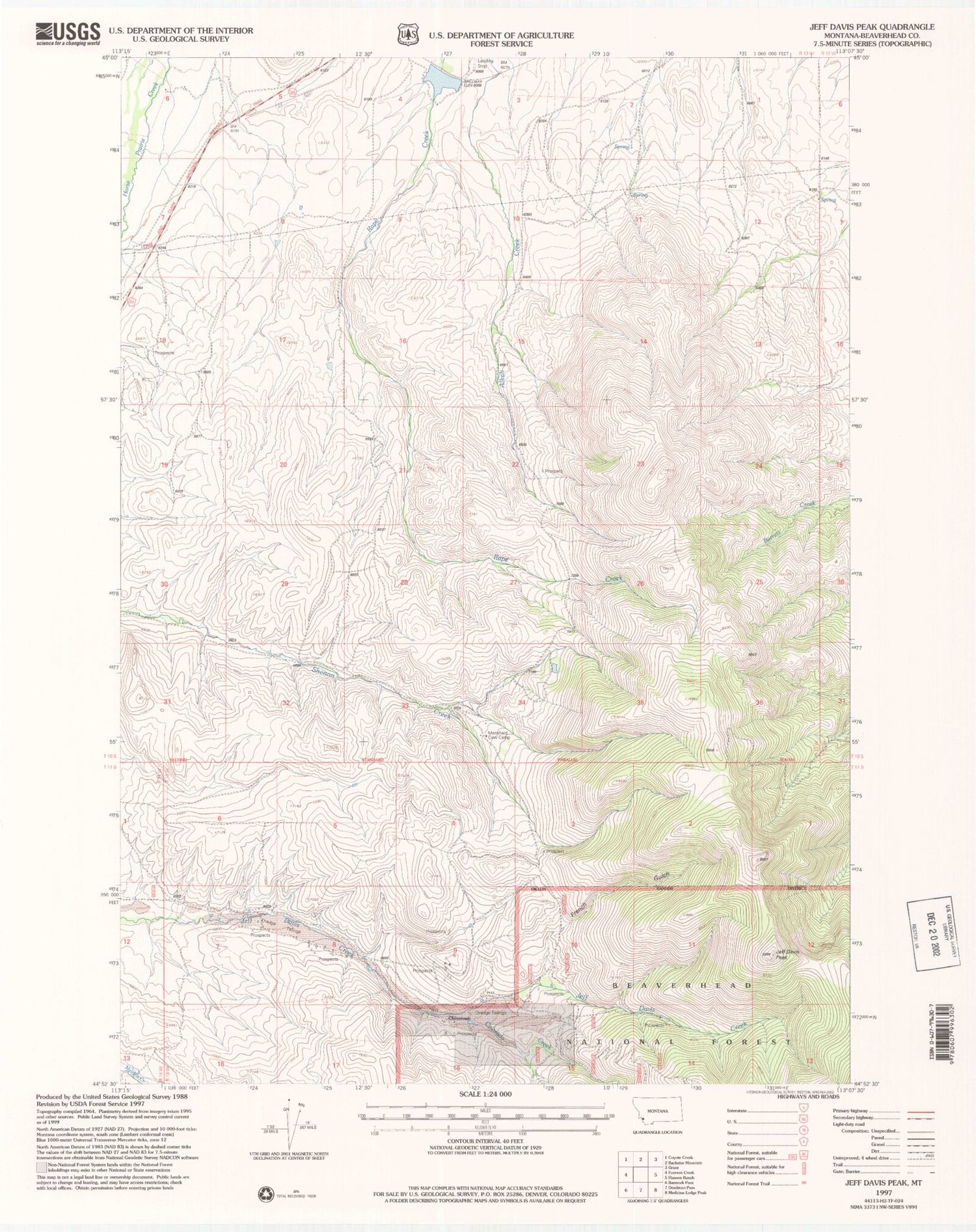 Classic USGS Jeff Davis Peak Montana 7.5'x7.5' Topo Map Image