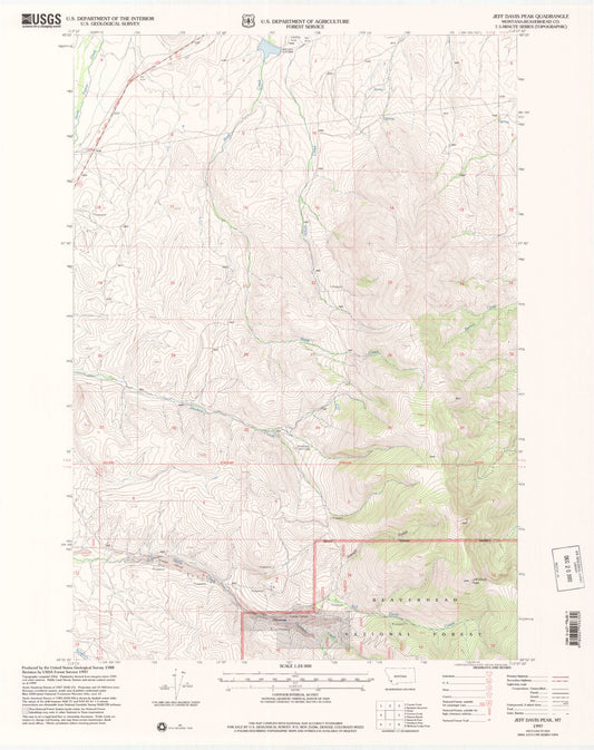 Classic USGS Jeff Davis Peak Montana 7.5'x7.5' Topo Map Image