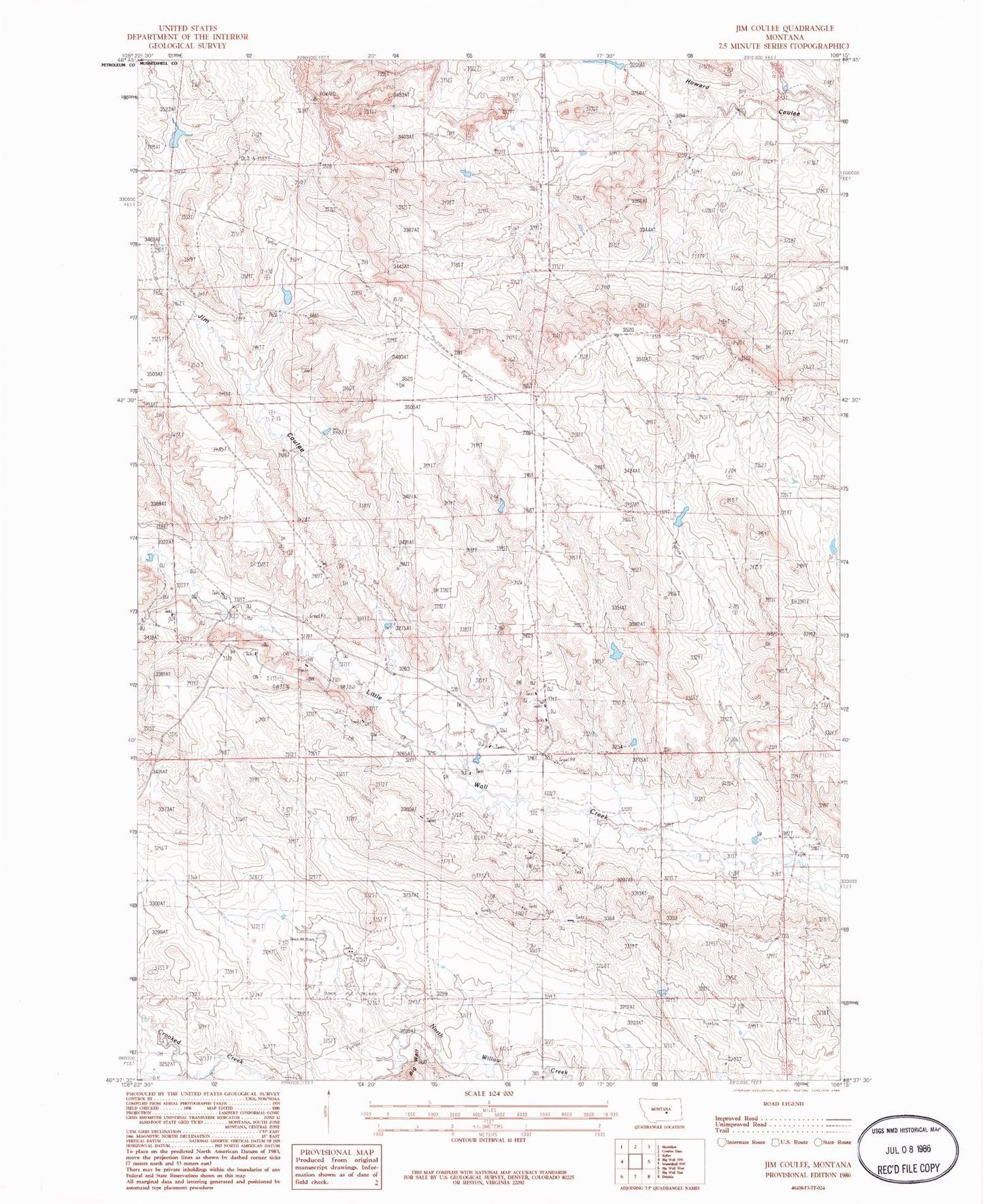 Classic USGS Jim Coulee Montana 7.5'x7.5' Topo Map Image