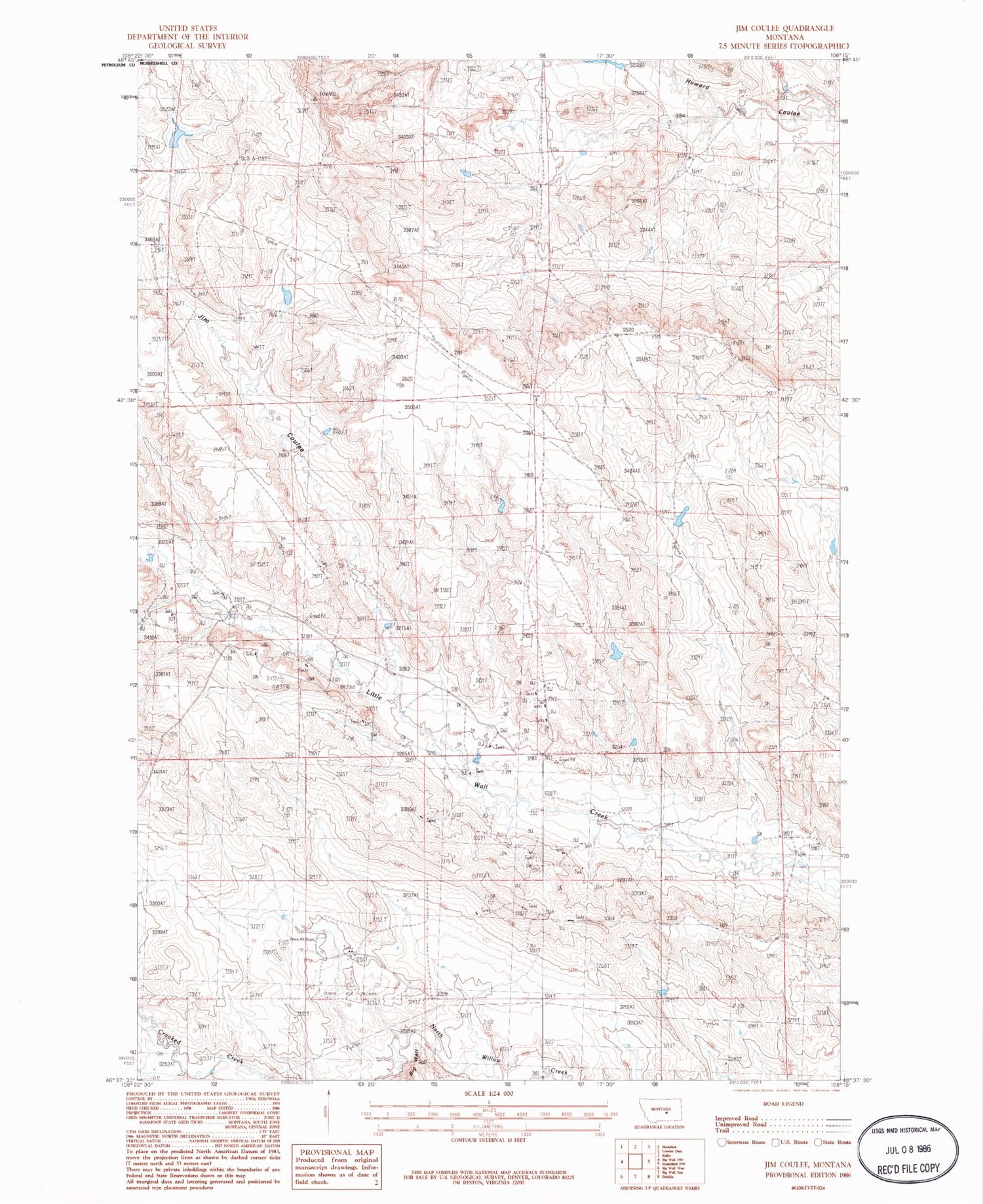 Classic USGS Jim Coulee Montana 7.5'x7.5' Topo Map Image