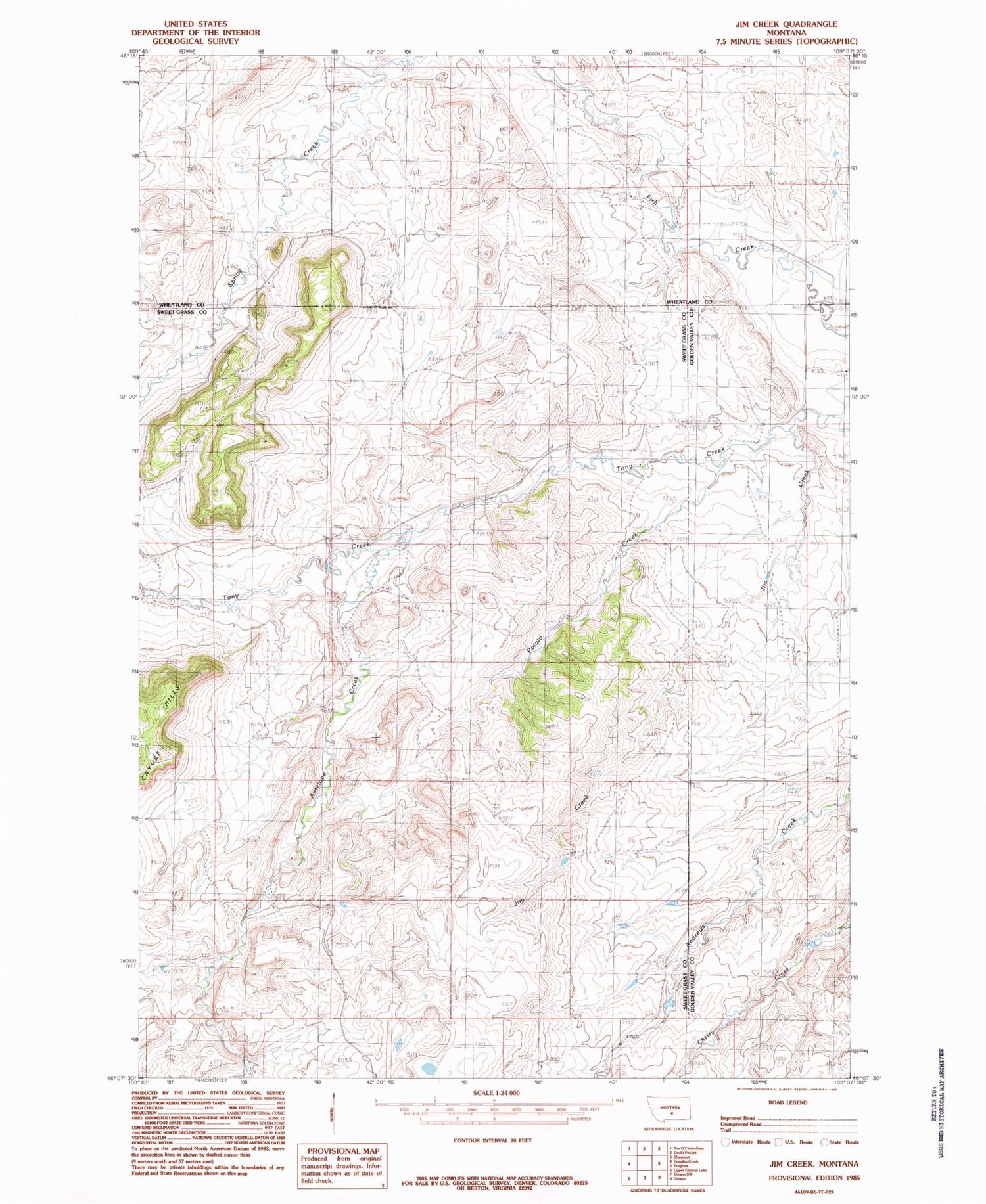 Classic USGS Jim Creek Montana 7.5'x7.5' Topo Map Image