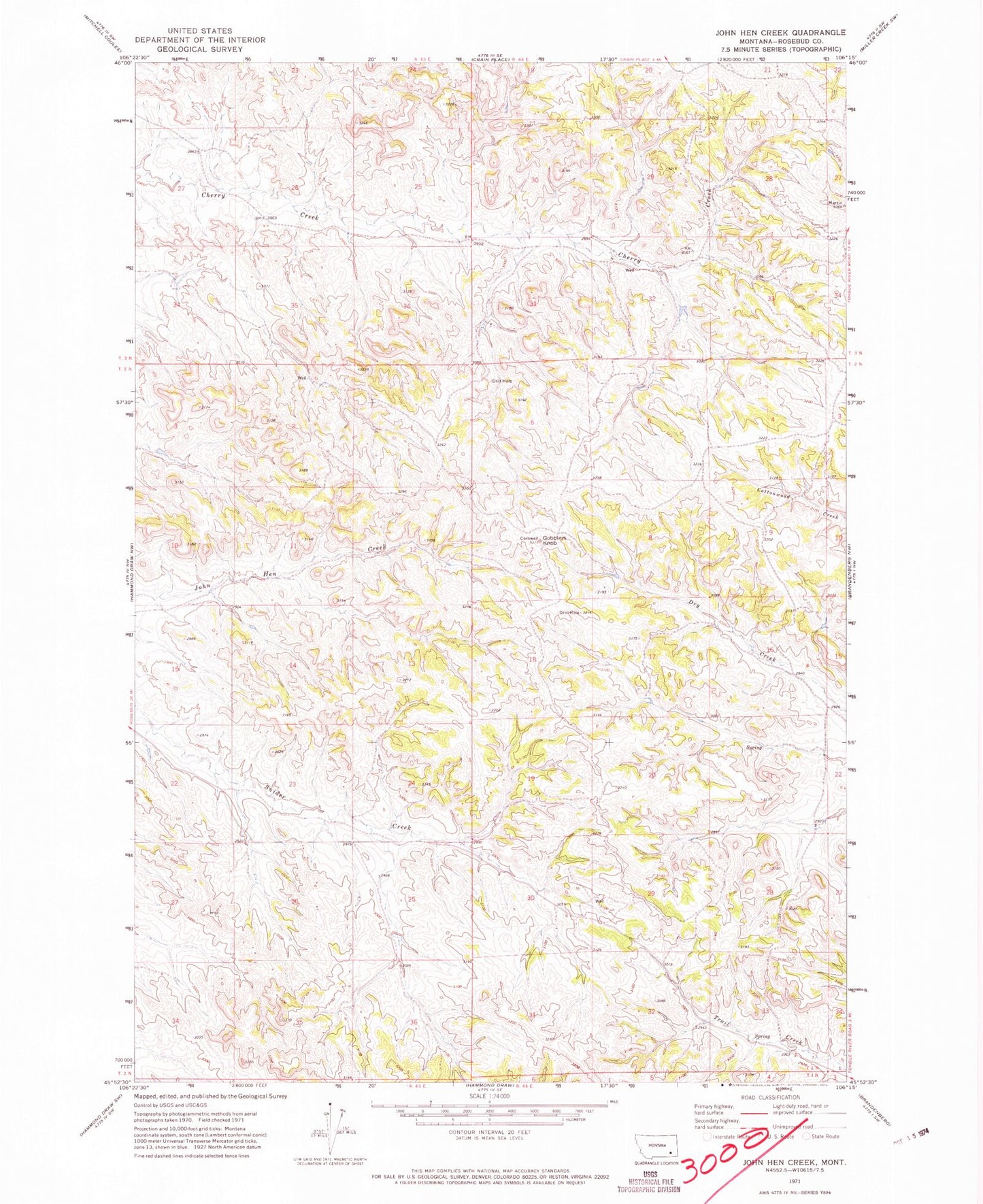 Classic USGS John Hen Creek Montana 7.5'x7.5' Topo Map Image