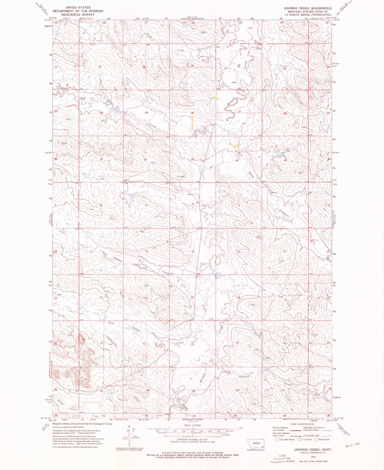 Classic USGS Johnnie Creek Montana 7.5'x7.5' Topo Map Image