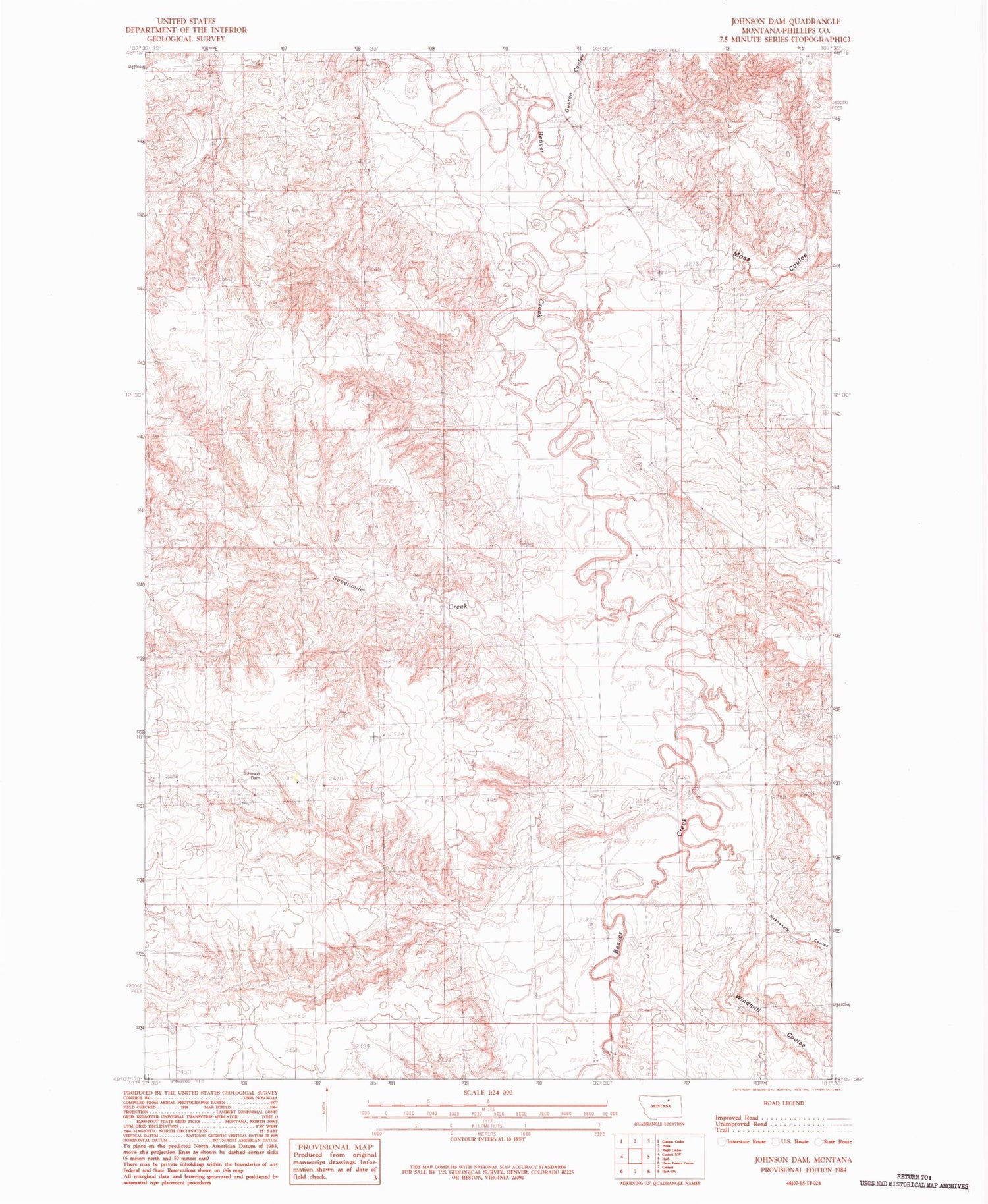Classic USGS Johnson Dam Montana 7.5'x7.5' Topo Map Image