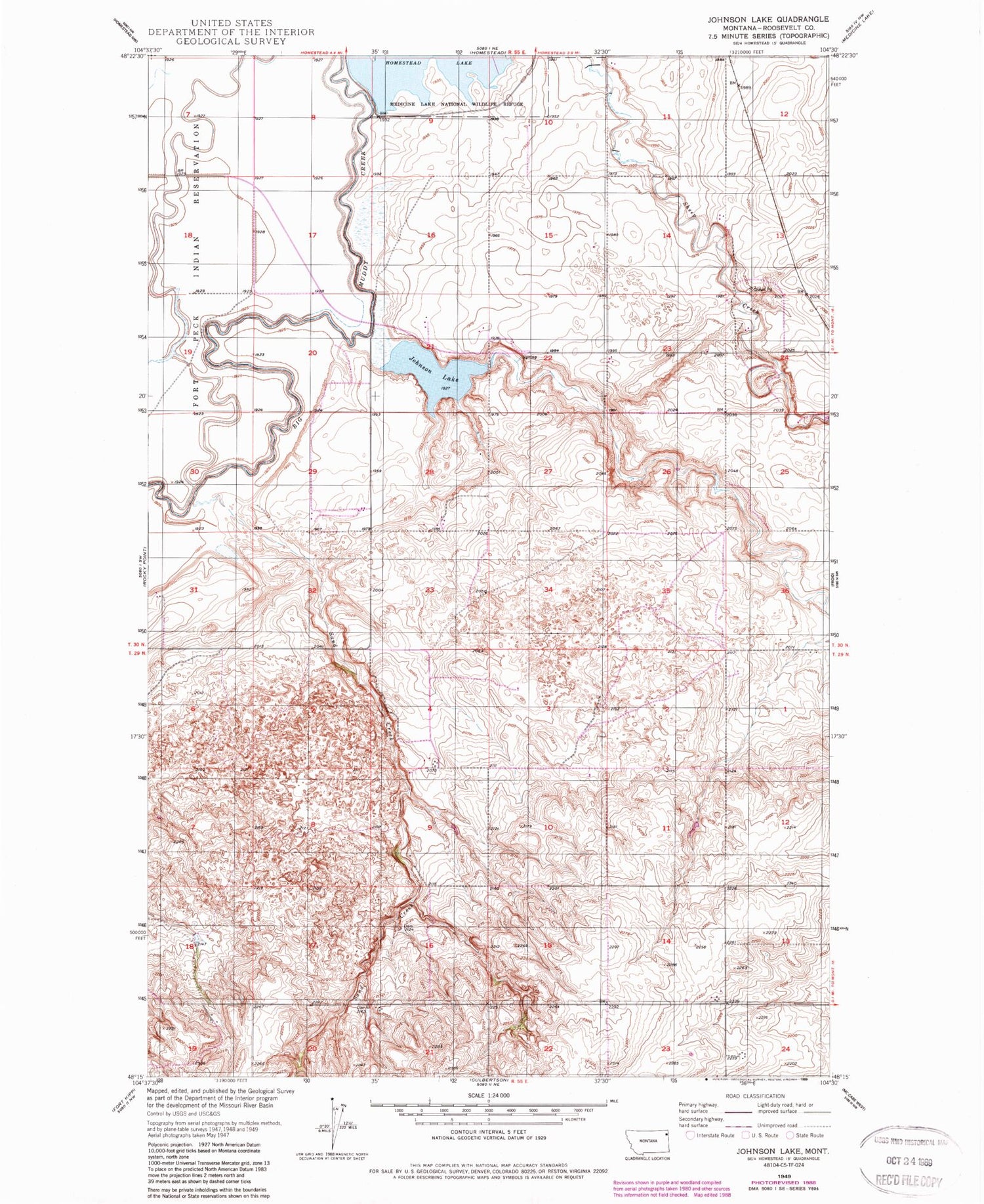 Classic USGS Johnson Lake Montana 7.5'x7.5' Topo Map Image