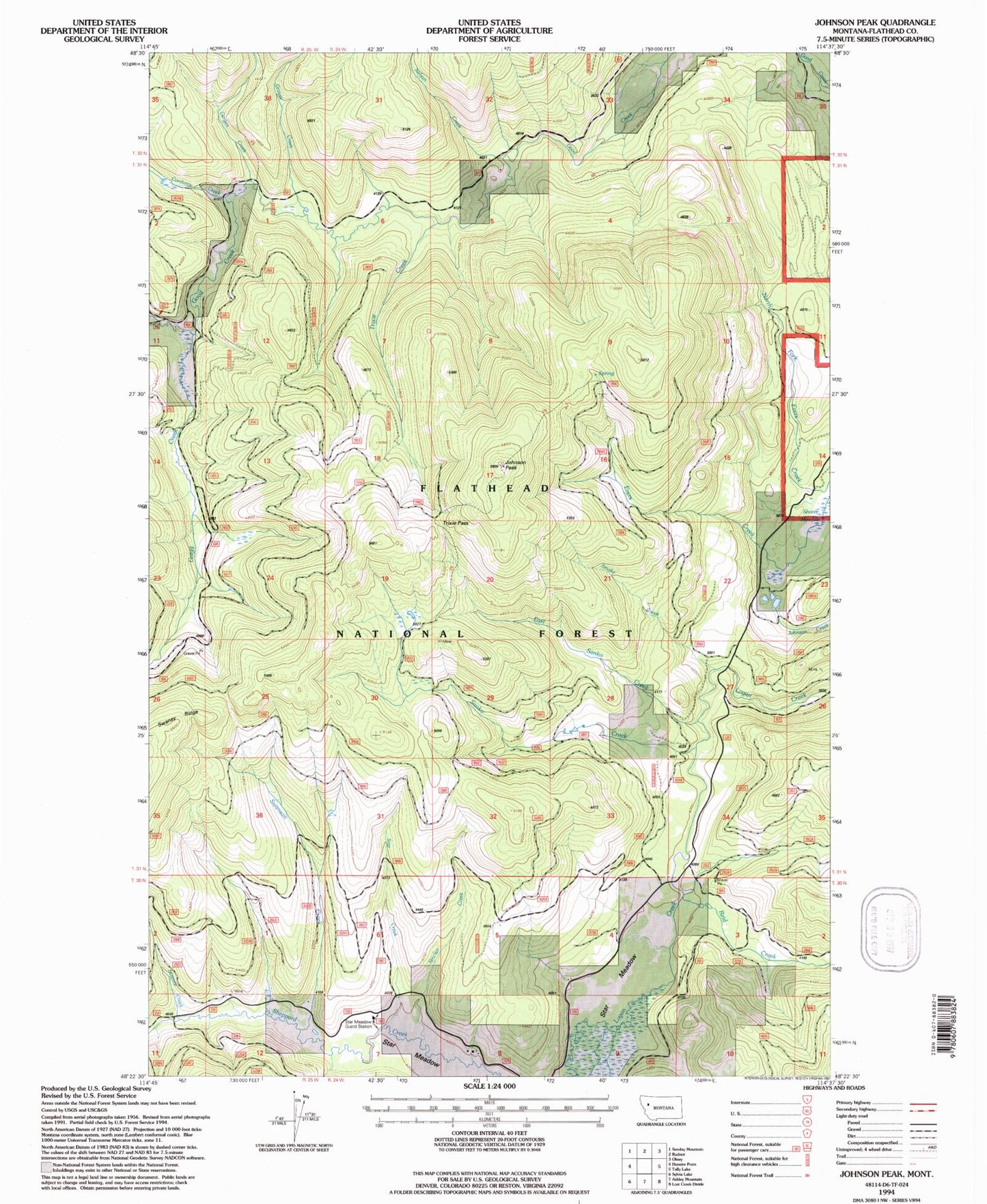 Classic USGS Johnson Peak Montana 7.5'x7.5' Topo Map Image