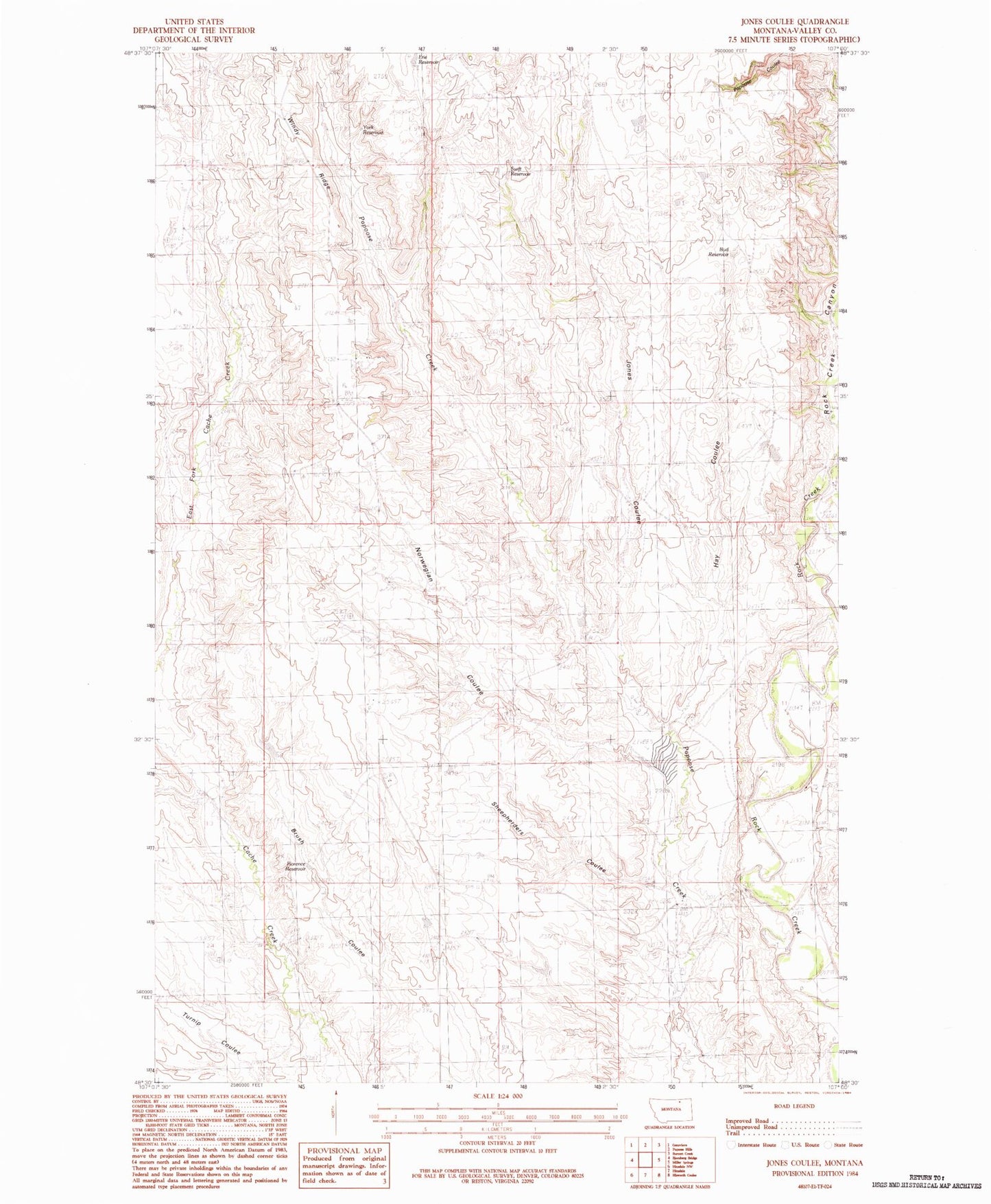 Classic USGS Jones Coulee Montana 7.5'x7.5' Topo Map Image
