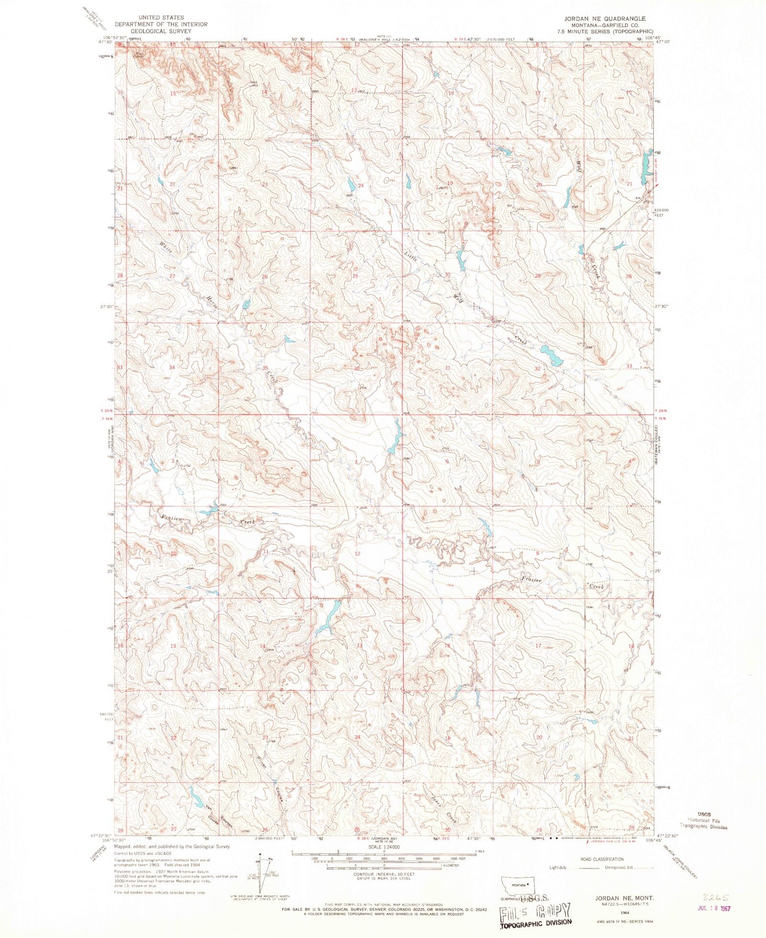 Classic USGS Jordan NE Montana 7.5'x7.5' Topo Map Image