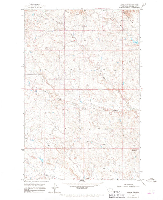 Classic USGS Jordan NW Montana 7.5'x7.5' Topo Map Image