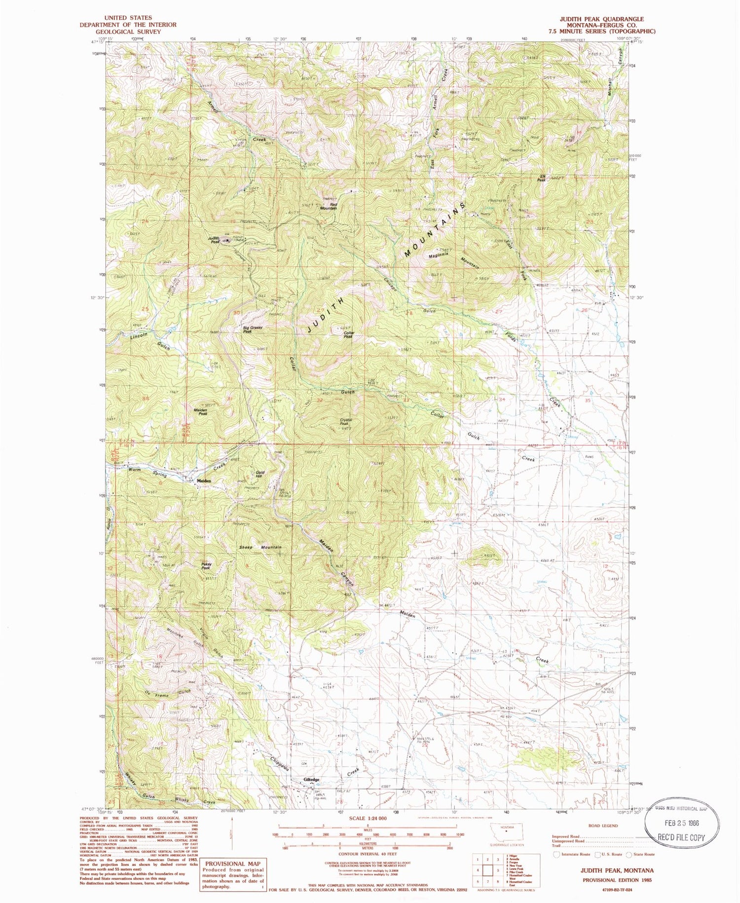 Classic USGS Judith Peak Montana 7.5'x7.5' Topo Map Image