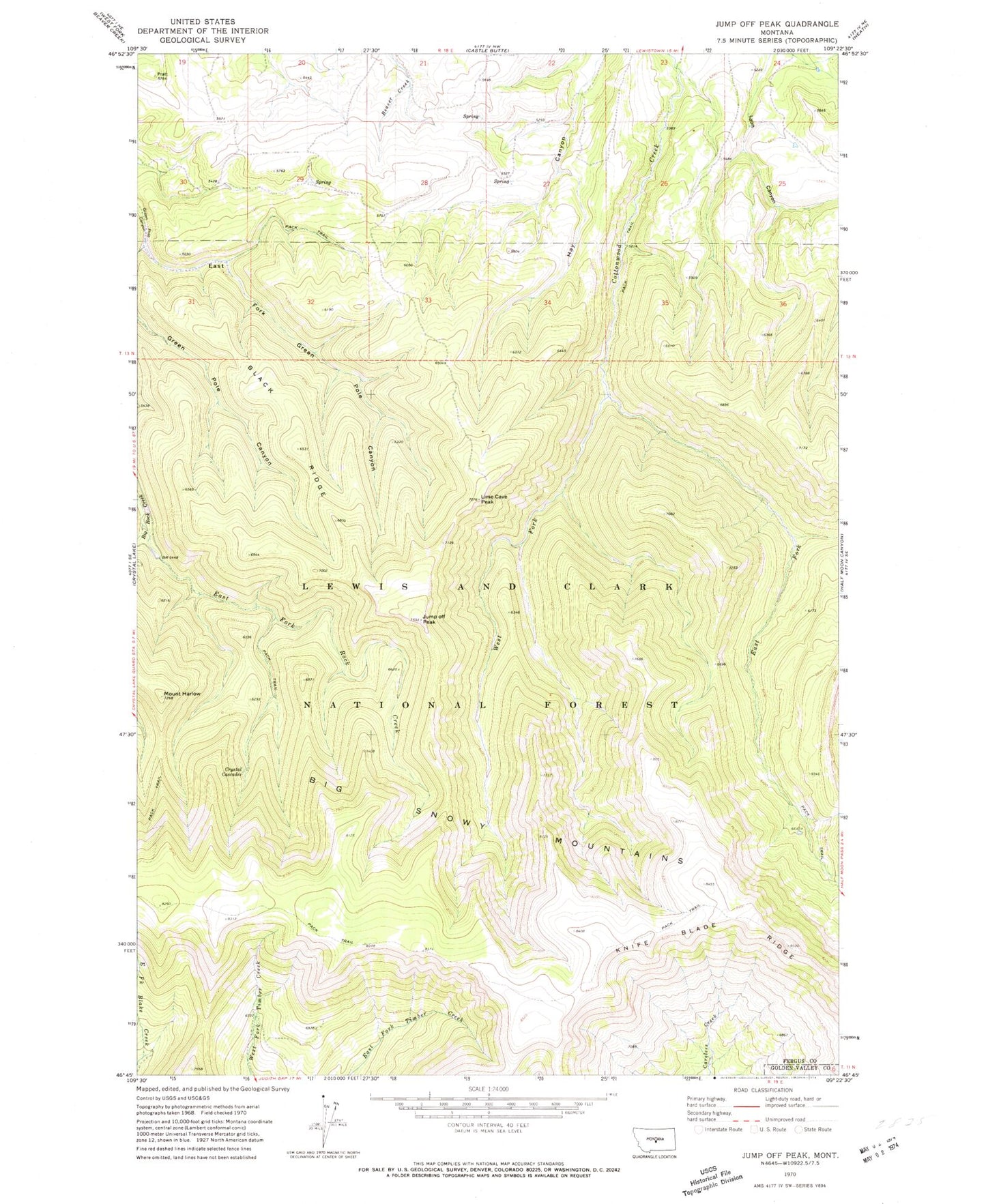 Classic USGS Jump Off Peak Montana 7.5'x7.5' Topo Map Image