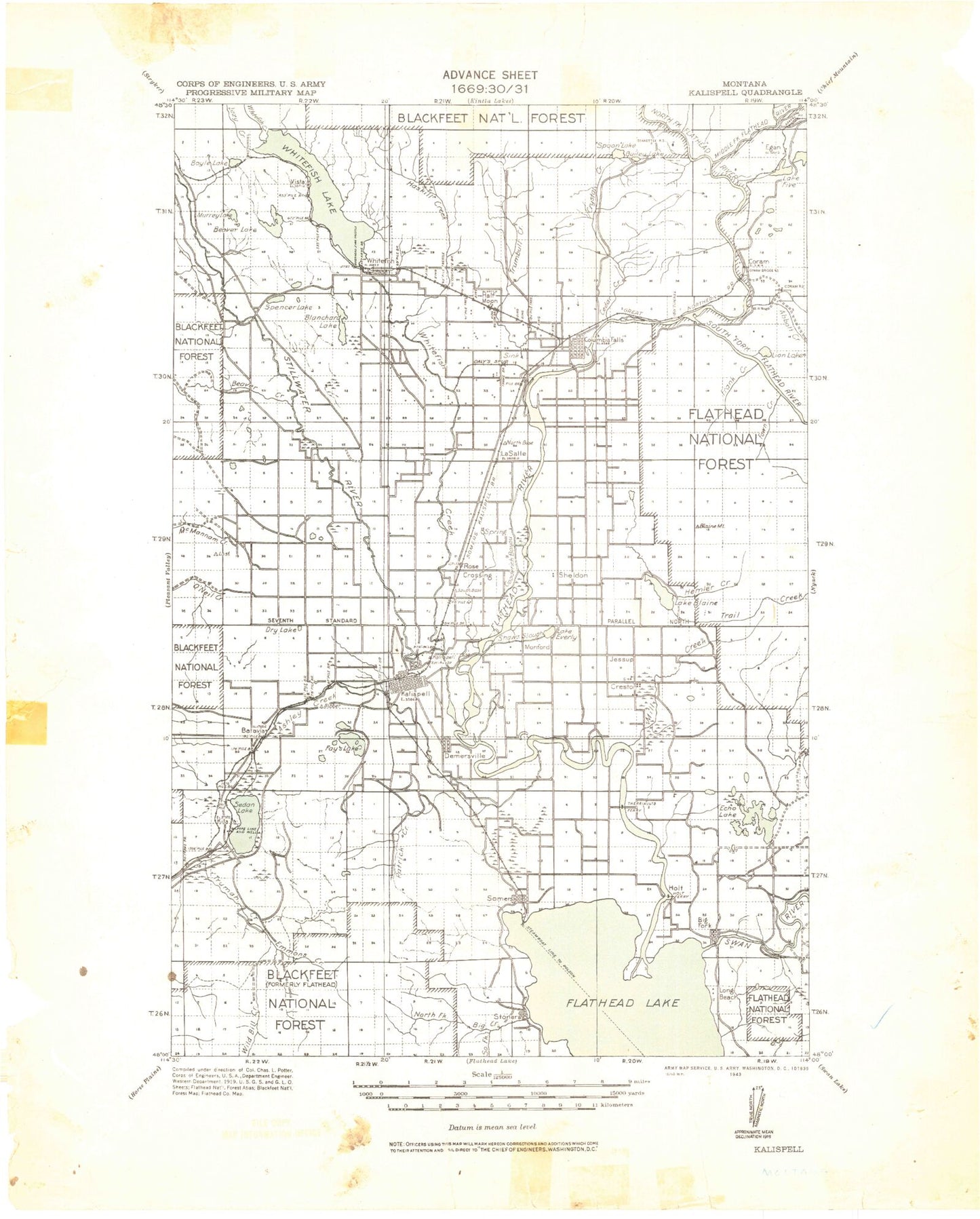 Historic 1943 Kalispell Montana 30'x30' Topo Map Image