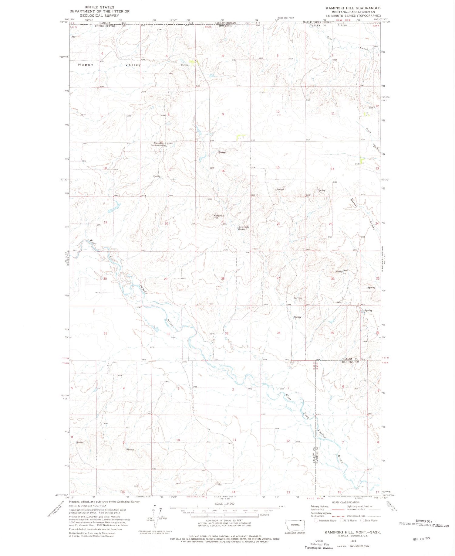 Classic USGS Kaminski Hill Montana 7.5'x7.5' Topo Map Image