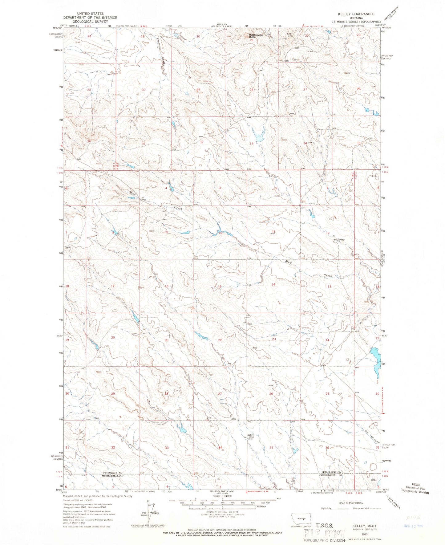 Classic USGS Kelley Montana 7.5'x7.5' Topo Map Image