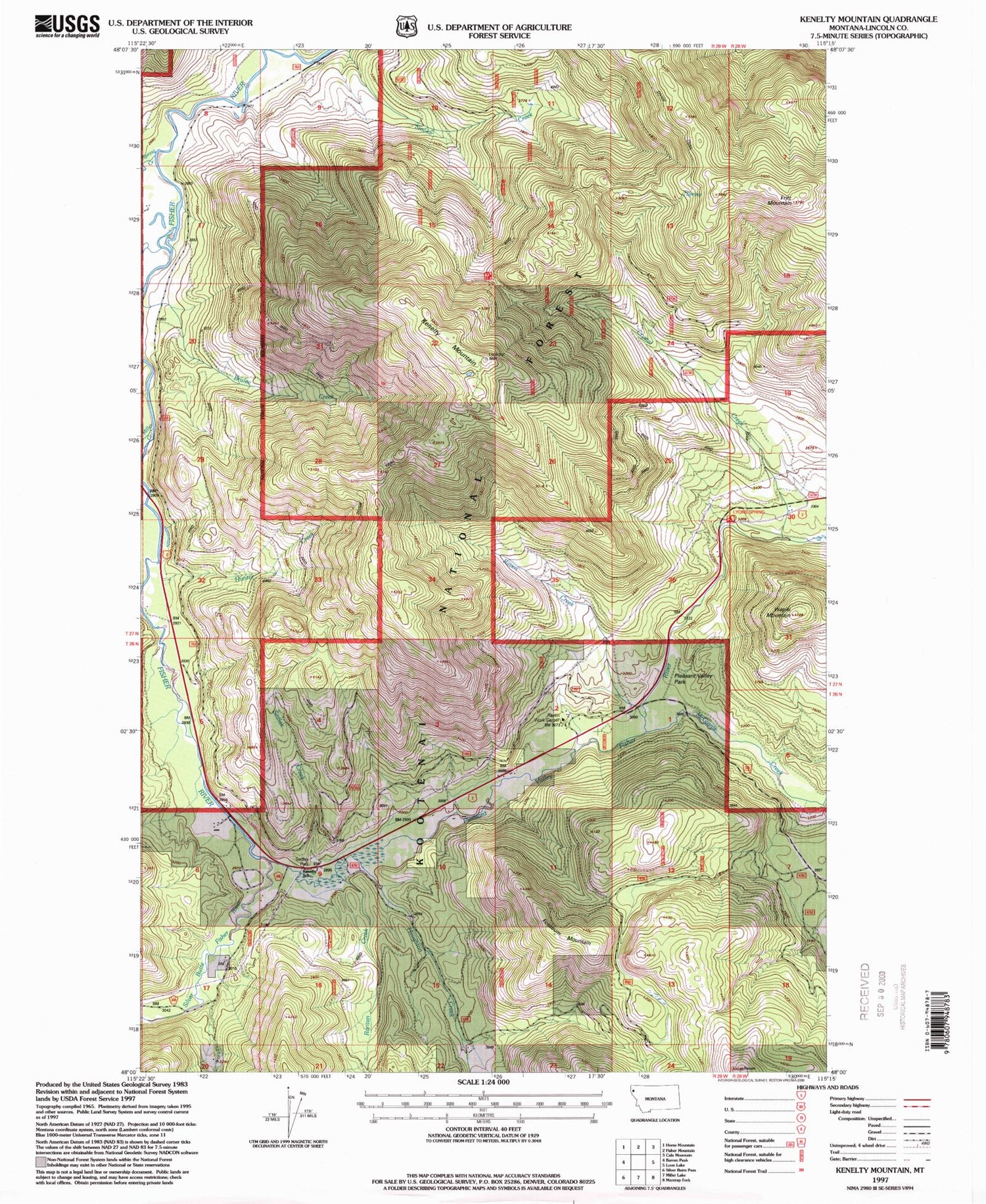 Classic USGS Kenelty Mountain Montana 7.5'x7.5' Topo Map Image