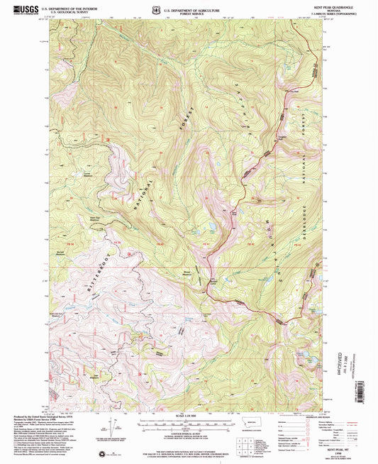 Classic USGS Kent Peak Montana 7.5'x7.5' Topo Map Image