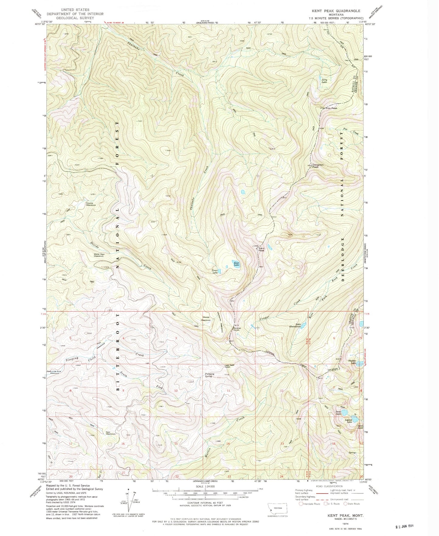 Classic USGS Kent Peak Montana 7.5'x7.5' Topo Map Image