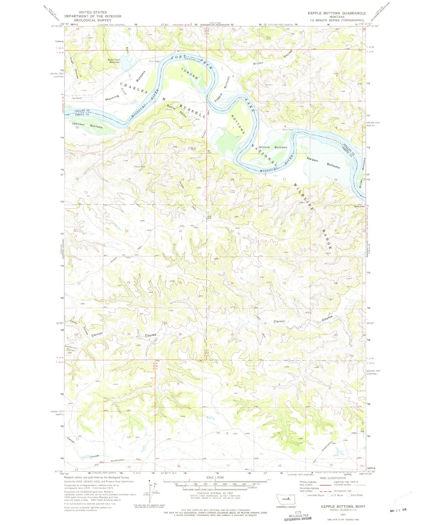 Classic USGS Kepple Bottoms Montana 7.5'x7.5' Topo Map Image