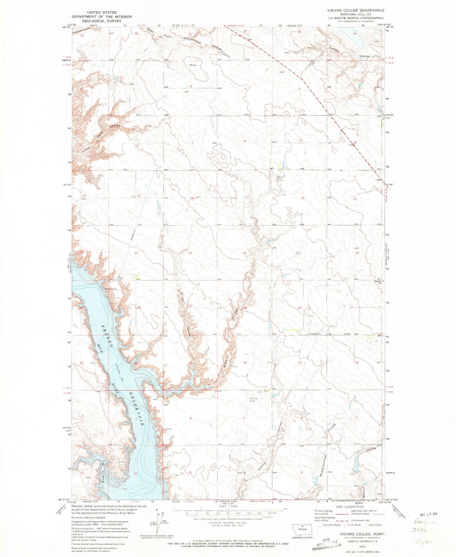 Classic USGS Kiehns Coulee Montana 7.5'x7.5' Topo Map Image