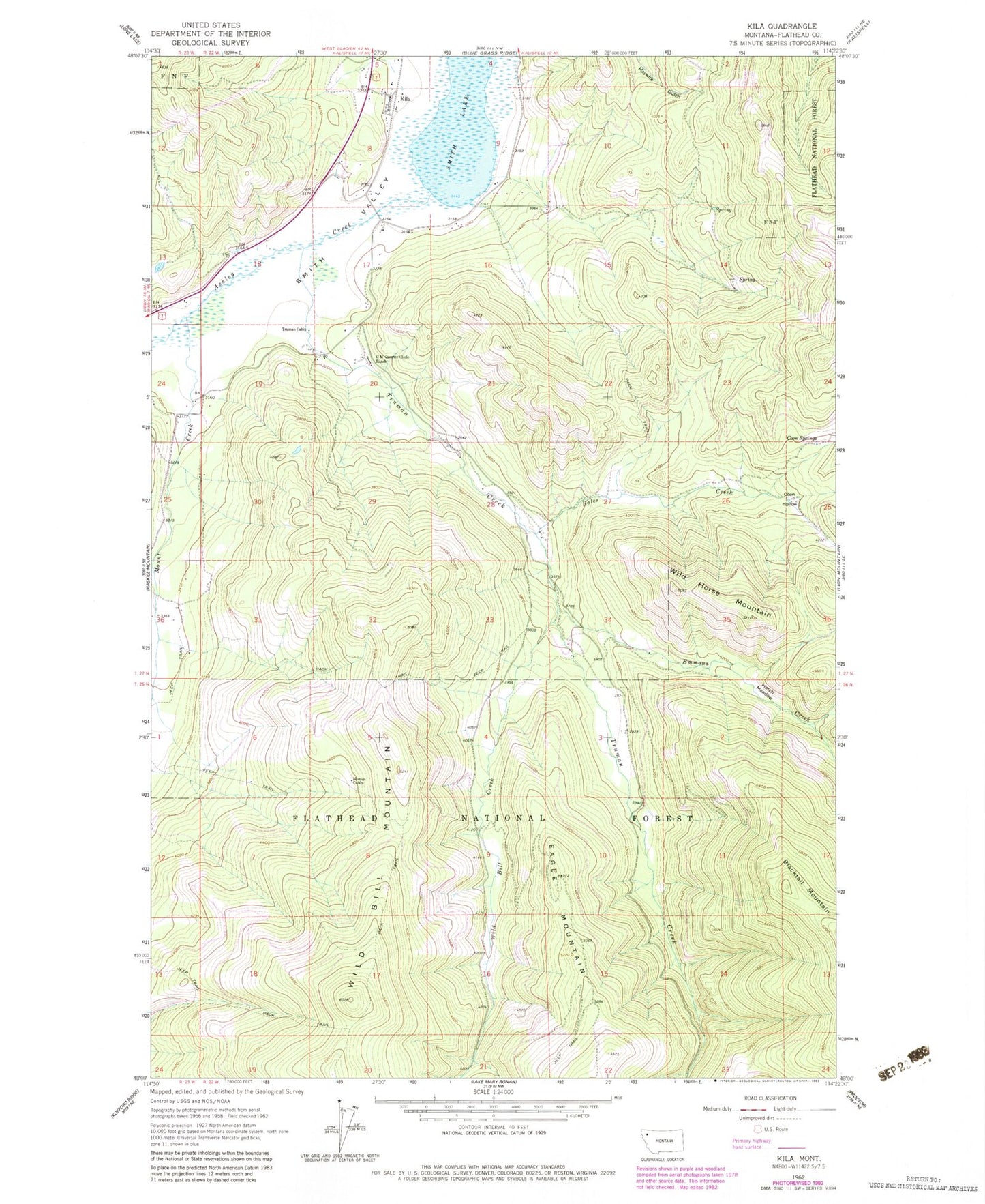 Classic USGS Kila Montana 7.5'x7.5' Topo Map Image