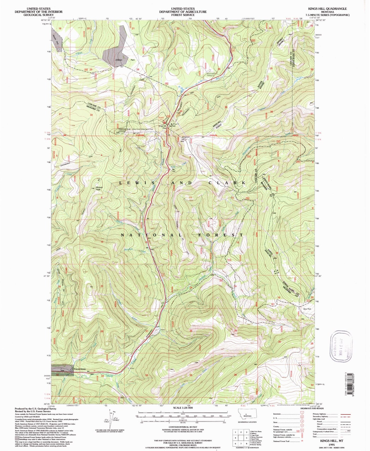 Classic USGS Kings Hill Montana 7.5'x7.5' Topo Map Image